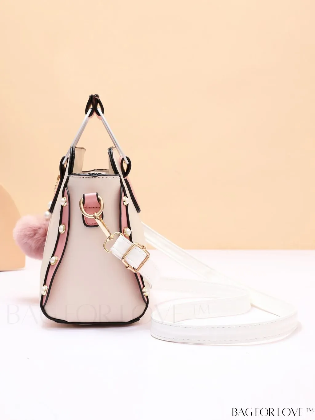 BagForLove - Striped Panel Satchel Bag: Stylish Accessory with Faux Pearl & Pom-pom Decor - Ideal Mothers Day Gift