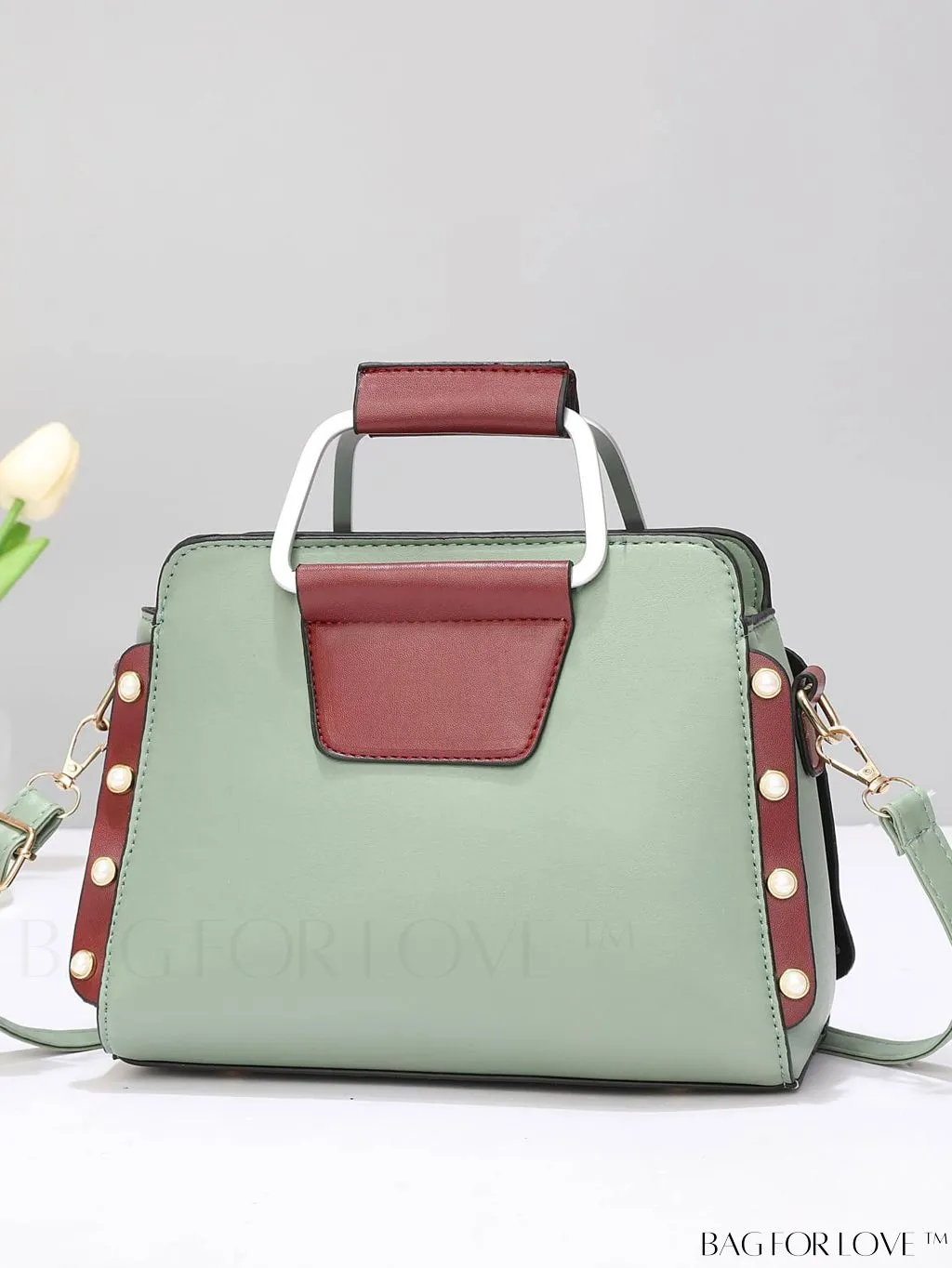 BagForLove - Striped Panel Satchel Bag: Stylish Accessory with Faux Pearl & Pom-pom Decor - Ideal Mothers Day Gift