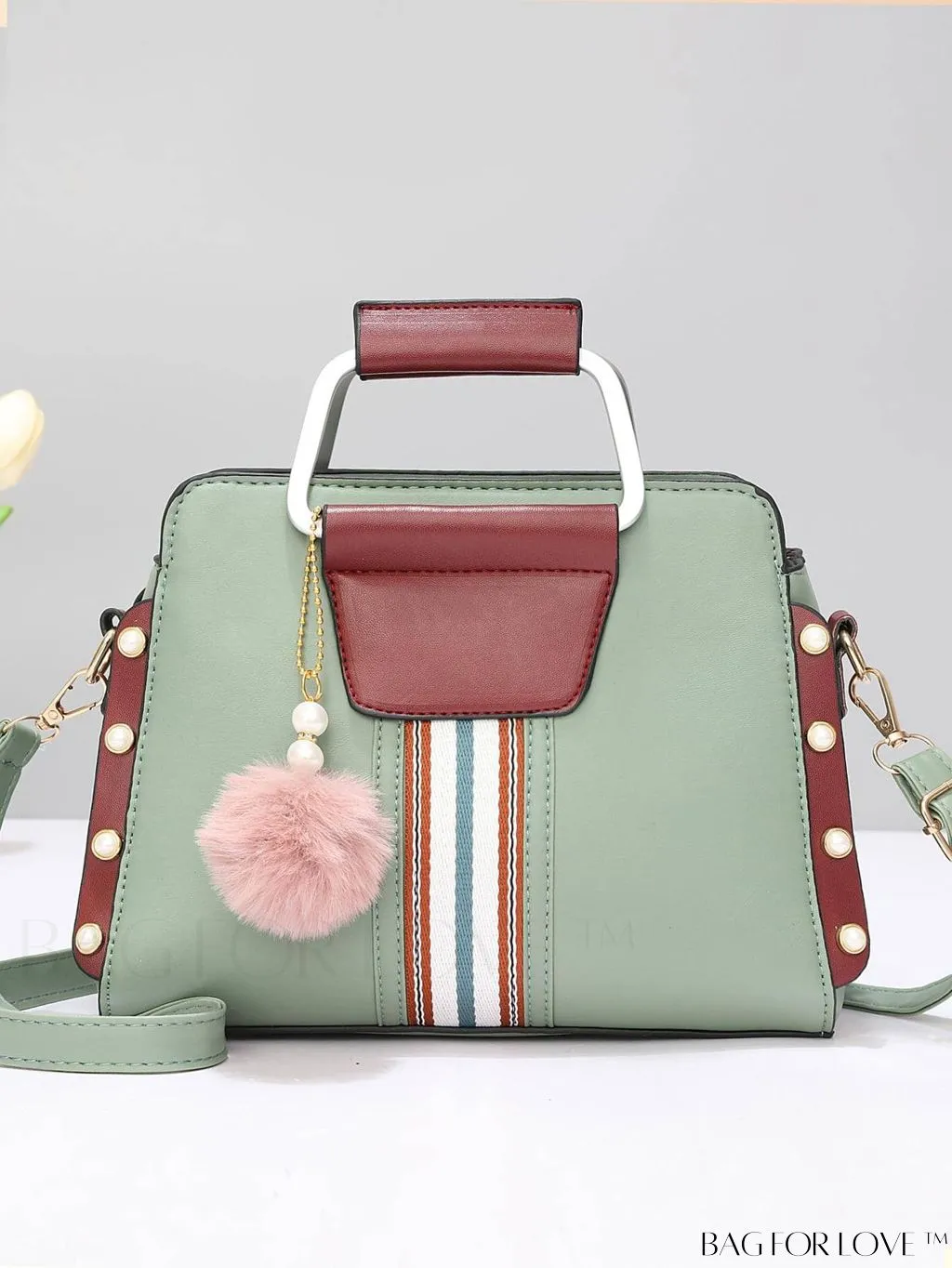 BagForLove - Striped Panel Satchel Bag: Stylish Accessory with Faux Pearl & Pom-pom Decor - Ideal Mothers Day Gift