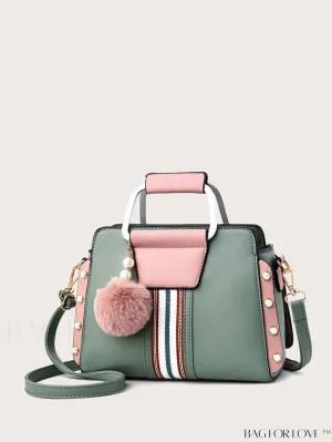BagForLove - Striped Panel Satchel Bag: Stylish Accessory with Faux Pearl & Pom-pom Decor - Ideal Mothers Day Gift