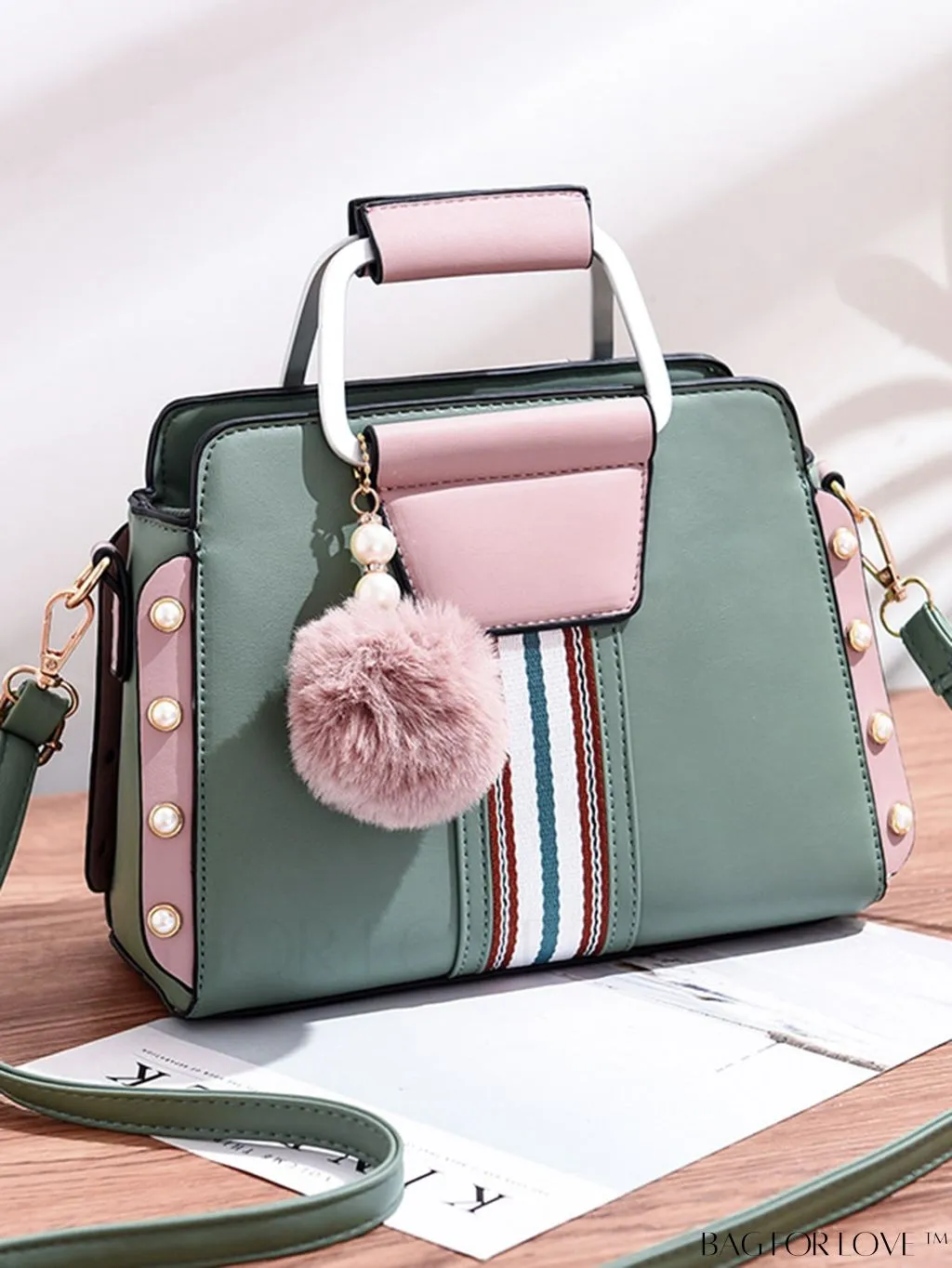 BagForLove - Striped Panel Satchel Bag: Stylish Accessory with Faux Pearl & Pom-pom Decor - Ideal Mothers Day Gift