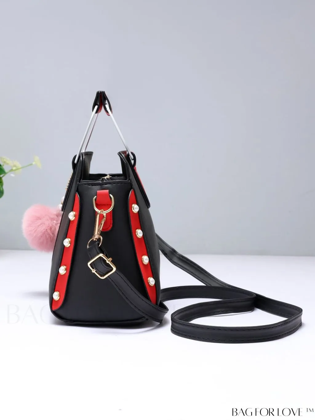 BagForLove - Striped Panel Satchel Bag: Stylish Accessory with Faux Pearl & Pom-pom Decor - Ideal Mothers Day Gift