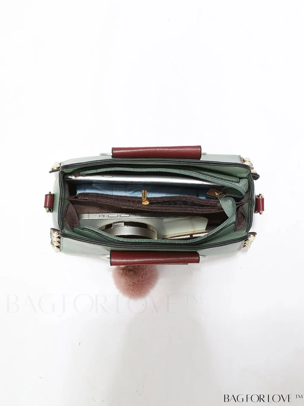 BagForLove - Striped Panel Satchel Bag: Stylish Accessory with Faux Pearl & Pom-pom Decor - Ideal Mothers Day Gift