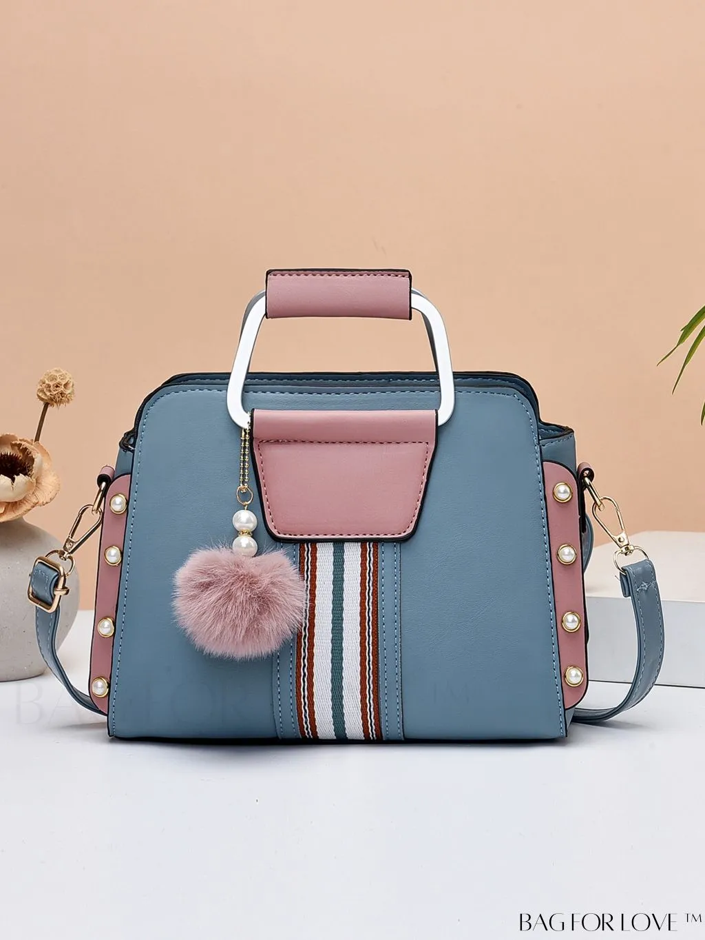 BagForLove - Striped Panel Satchel Bag: Stylish Accessory with Faux Pearl & Pom-pom Decor - Ideal Mothers Day Gift