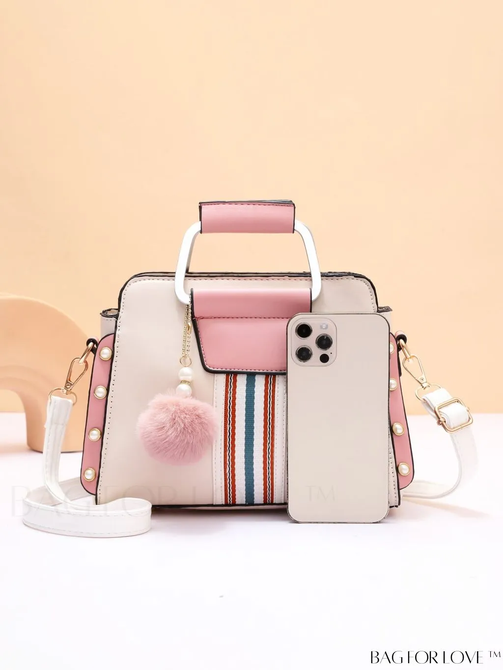 BagForLove - Striped Panel Satchel Bag: Stylish Accessory with Faux Pearl & Pom-pom Decor - Ideal Mothers Day Gift