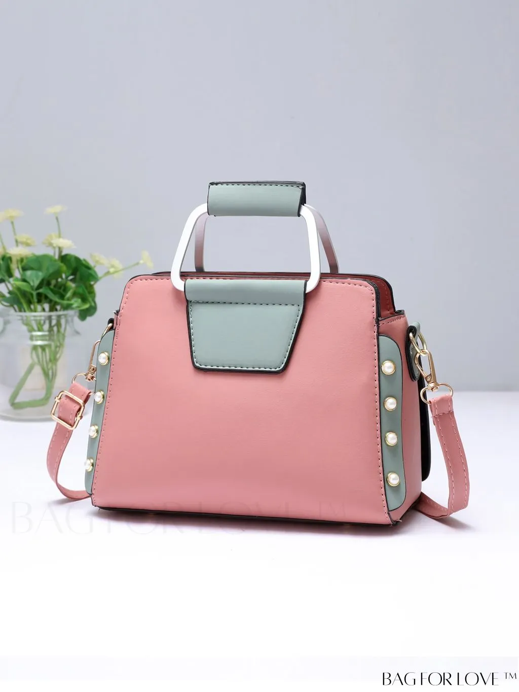 BagForLove - Striped Panel Satchel Bag: Stylish Accessory with Faux Pearl & Pom-pom Decor - Ideal Mothers Day Gift