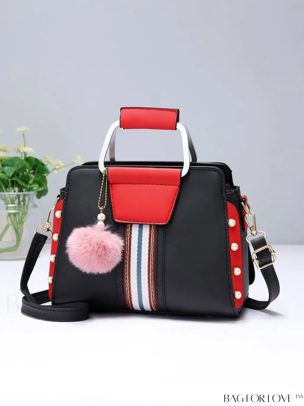 BagForLove - Striped Panel Satchel Bag: Stylish Accessory with Faux Pearl & Pom-pom Decor - Ideal Mothers Day Gift