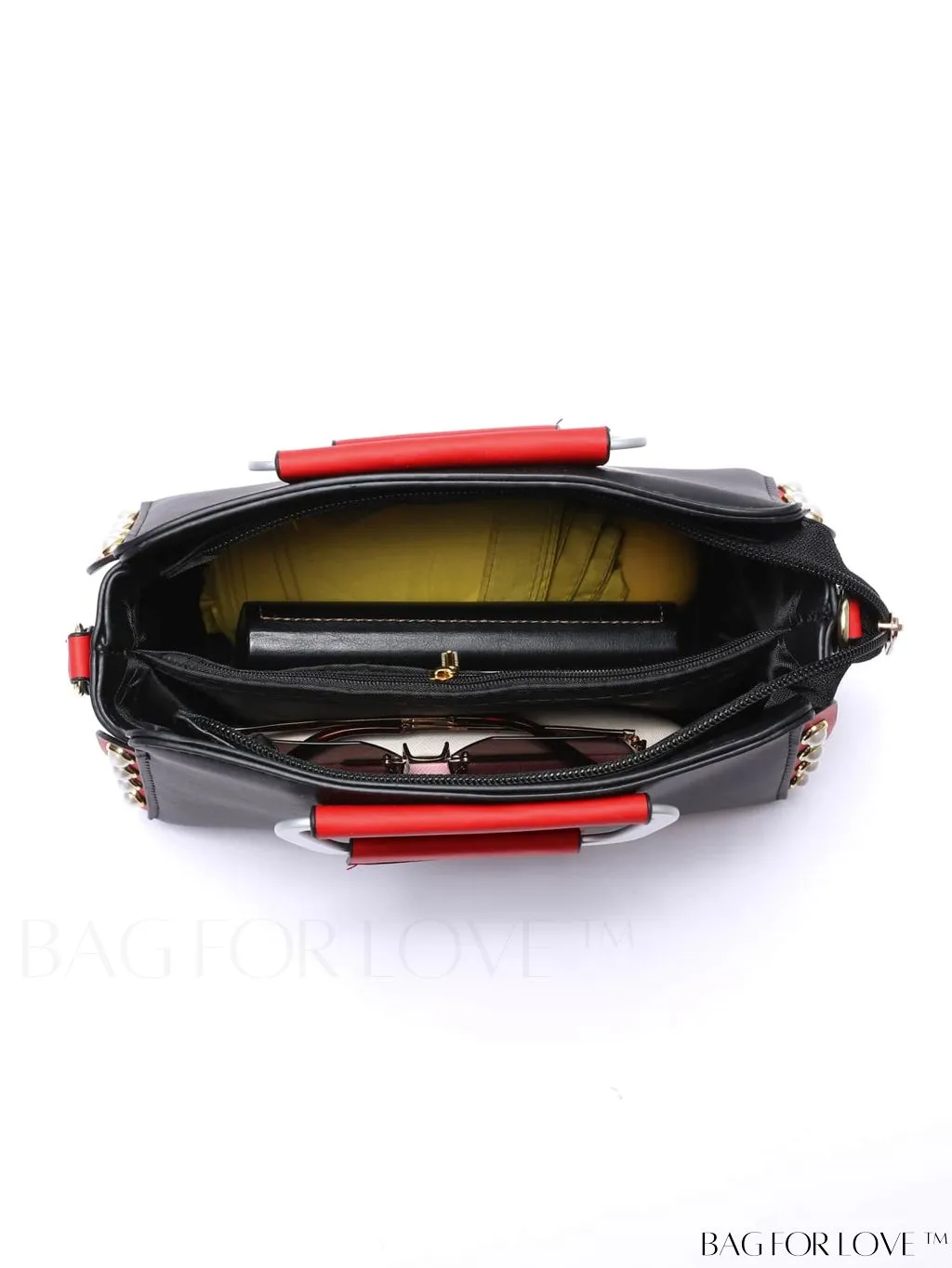 BagForLove - Striped Panel Satchel Bag: Stylish Accessory with Faux Pearl & Pom-pom Decor - Ideal Mothers Day Gift
