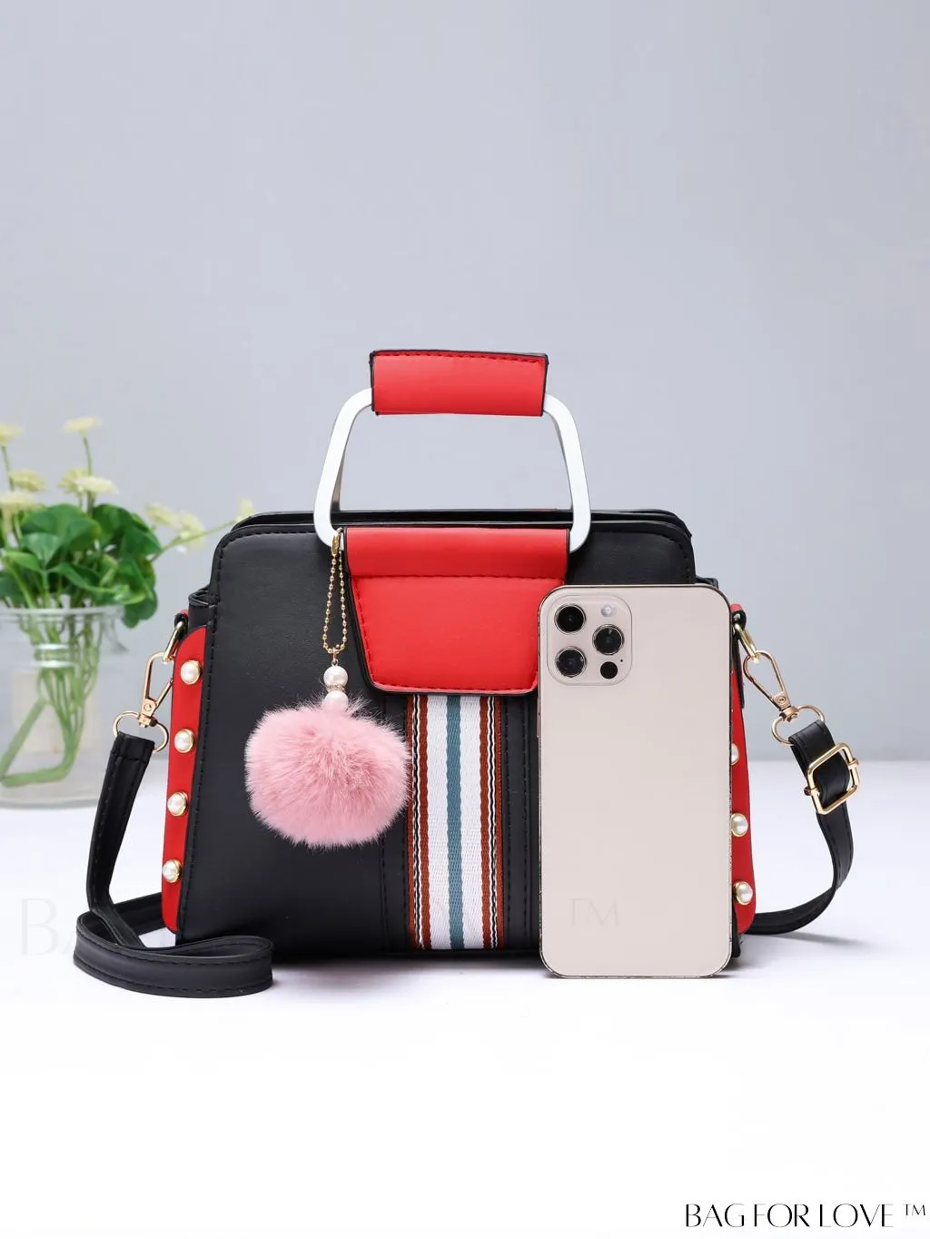 BagForLove - Striped Panel Satchel Bag: Stylish Accessory with Faux Pearl & Pom-pom Decor - Ideal Mothers Day Gift