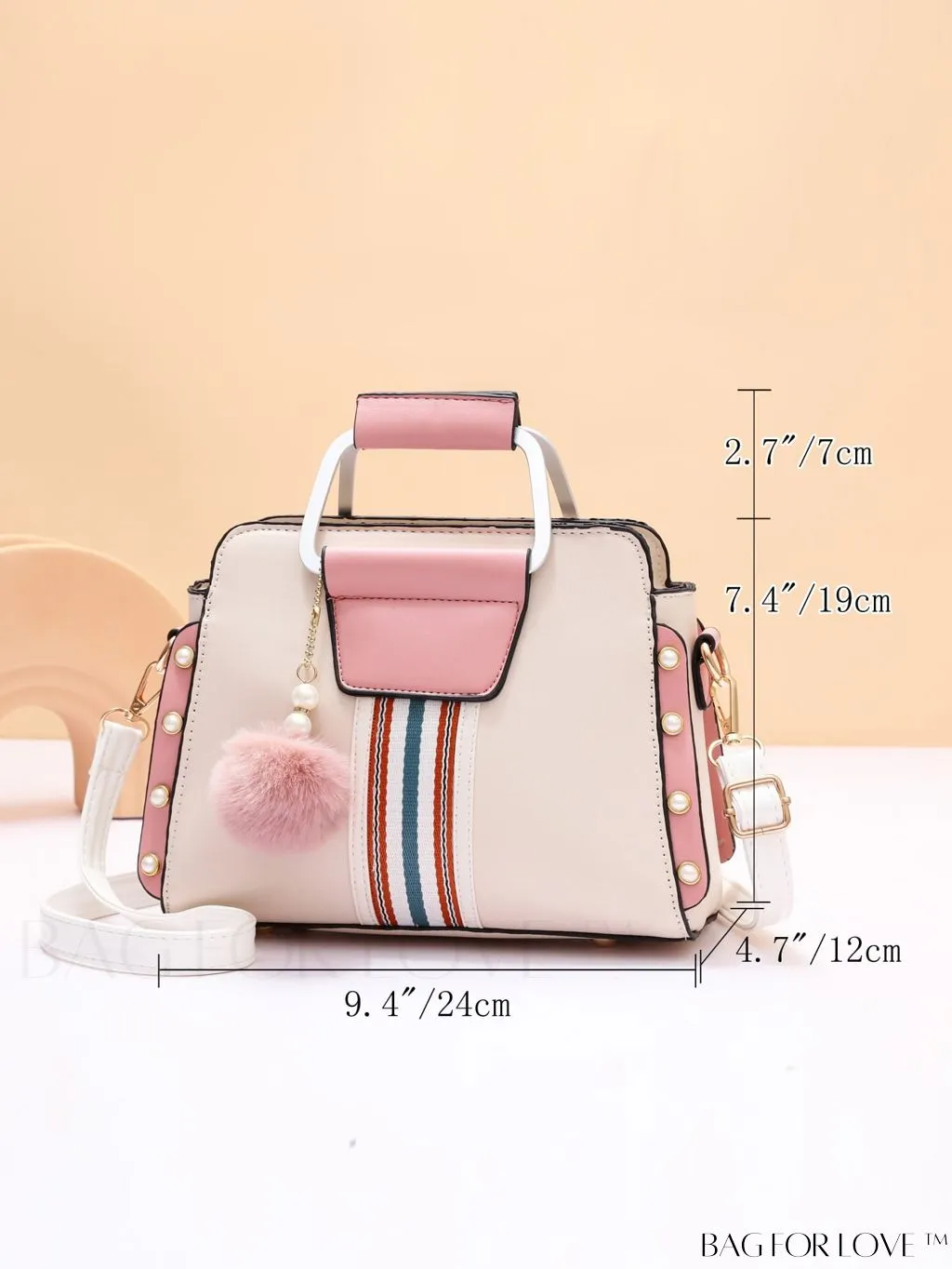 BagForLove - Striped Panel Satchel Bag: Stylish Accessory with Faux Pearl & Pom-pom Decor - Ideal Mothers Day Gift