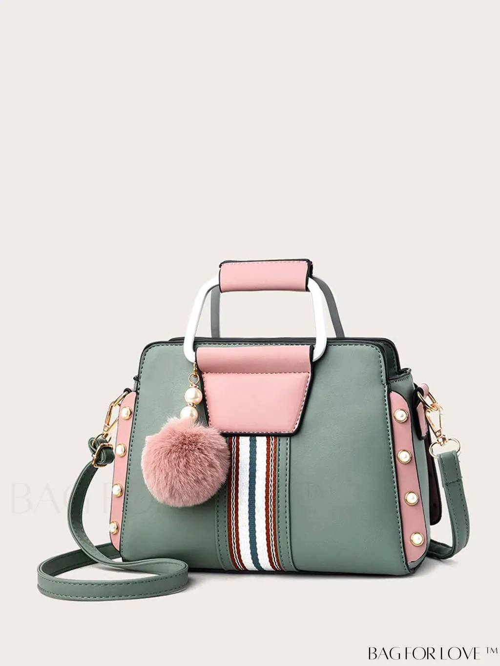 BagForLove - Striped Panel Satchel Bag: Stylish Accessory with Faux Pearl & Pom-pom Decor - Ideal Mothers Day Gift