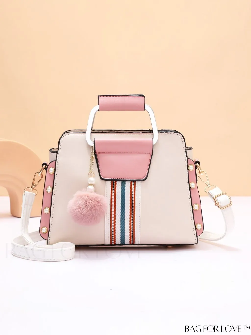 BagForLove - Striped Panel Satchel Bag: Stylish Accessory with Faux Pearl & Pom-pom Decor - Ideal Mothers Day Gift