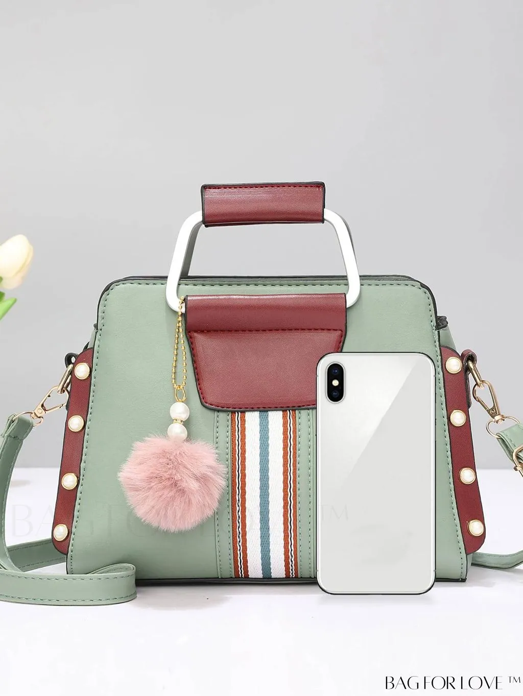 BagForLove - Striped Panel Satchel Bag: Stylish Accessory with Faux Pearl & Pom-pom Decor - Ideal Mothers Day Gift