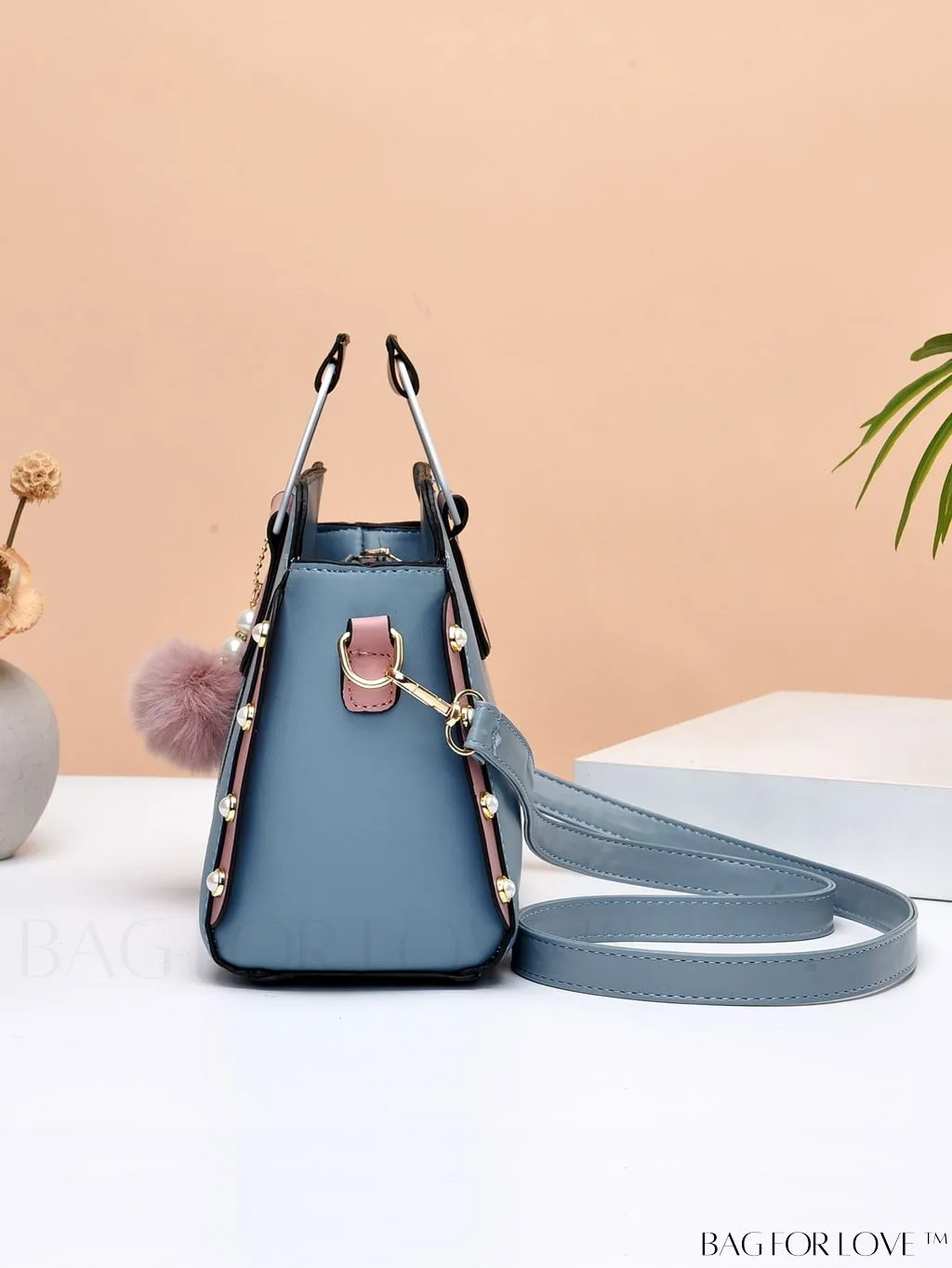 BagForLove - Striped Panel Satchel Bag: Stylish Accessory with Faux Pearl & Pom-pom Decor - Ideal Mothers Day Gift