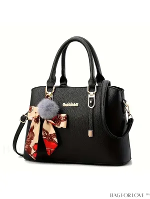 BagForLove - Stylish Lychee Shoulder Bag with Twilly Scarf & Pom Pom Accent