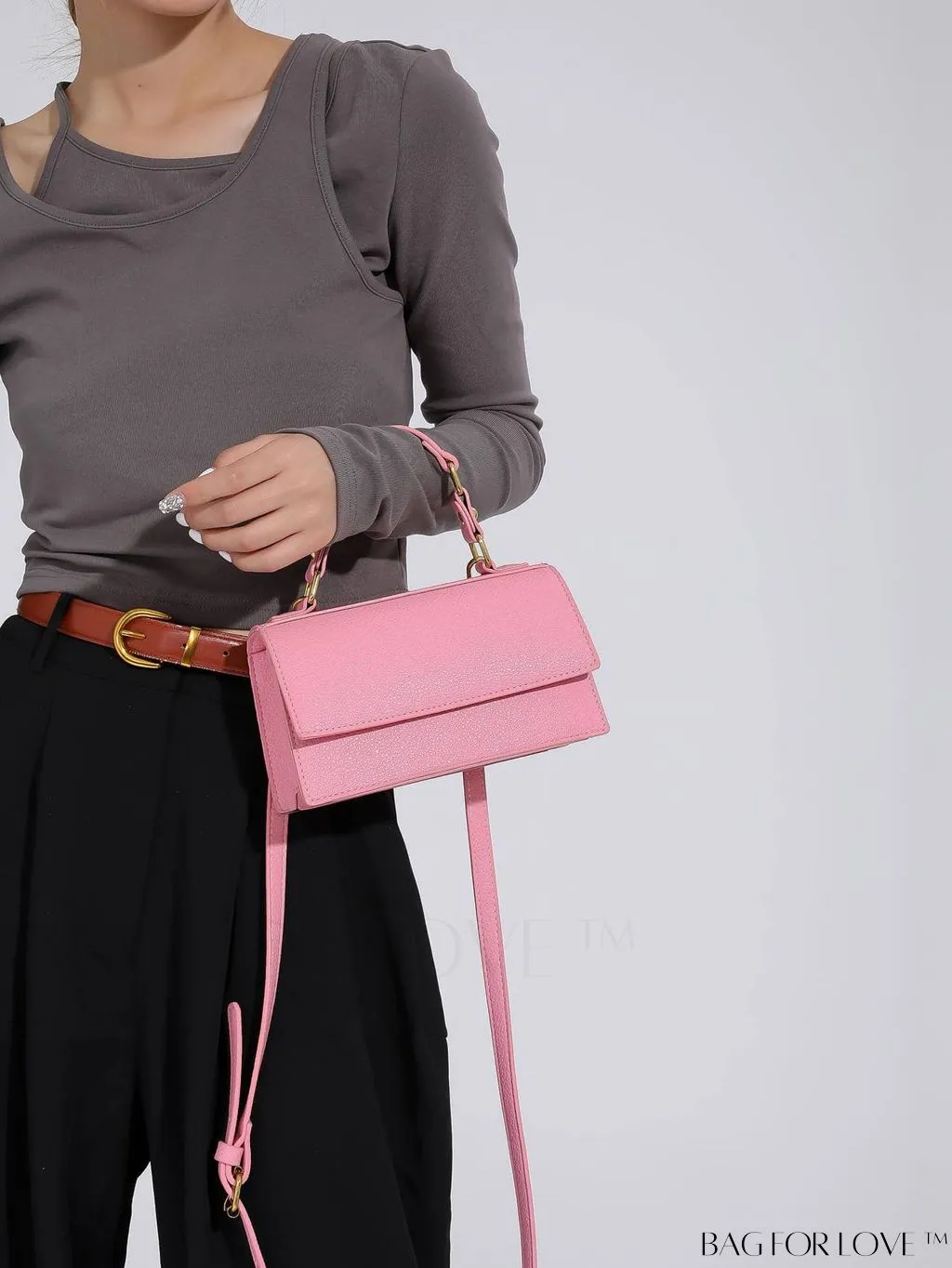 BagForLove - Stylish Pink Litchi Embossed Mini Square Bag with Adjustable Strap