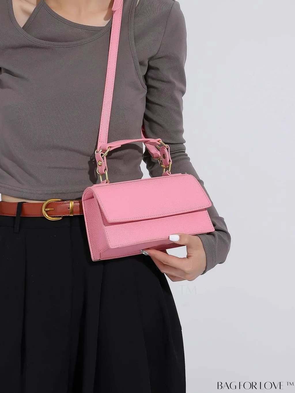 BagForLove - Stylish Pink Litchi Embossed Mini Square Bag with Adjustable Strap