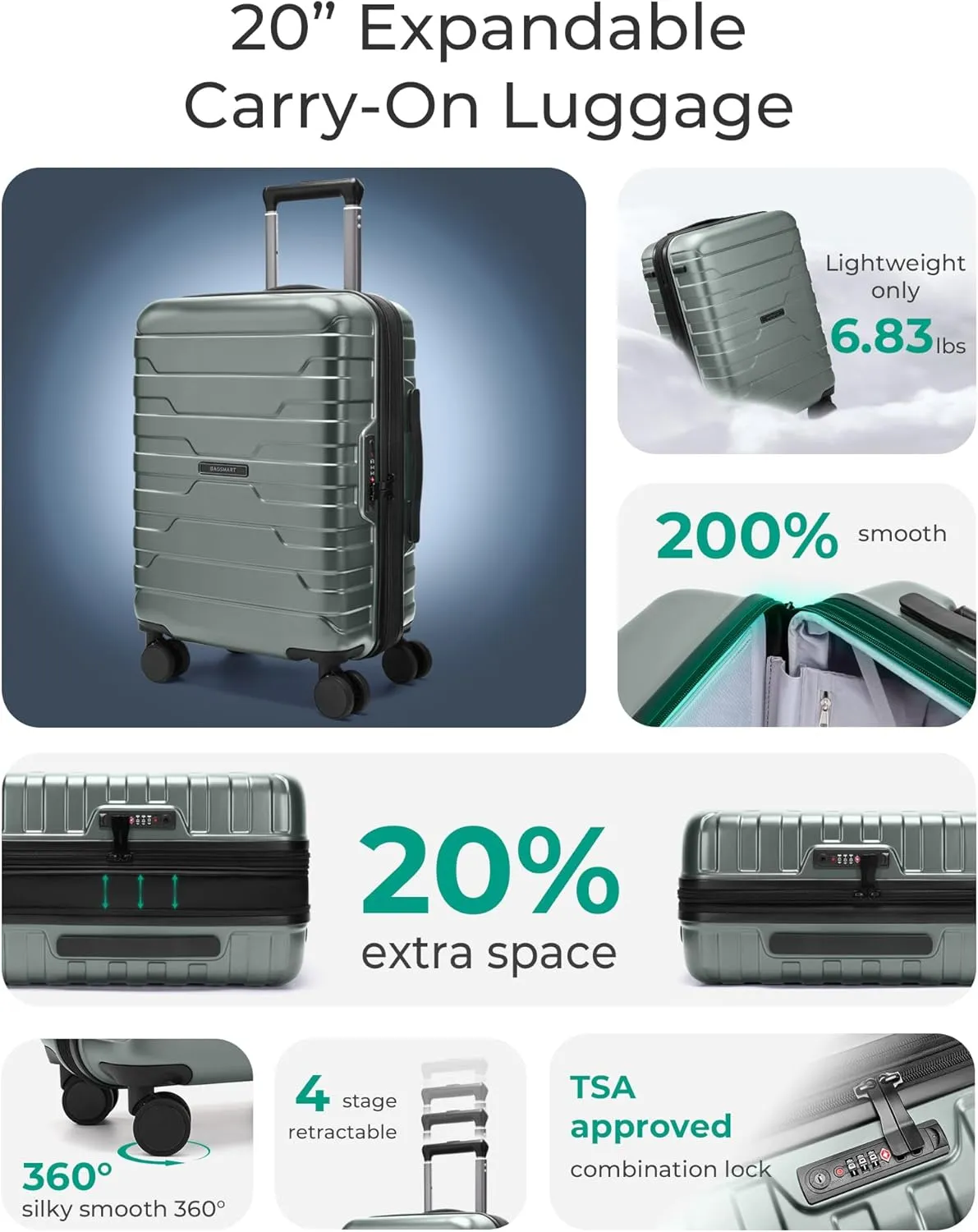 BAGSMART Carry On Luggage 22x14x9 Airline Approved with TSA Lock,20 Inch Lightweight Luggage with Spinner Wheels,100% PC Hard Shell Carry On Suitcases for Men Women,Olive