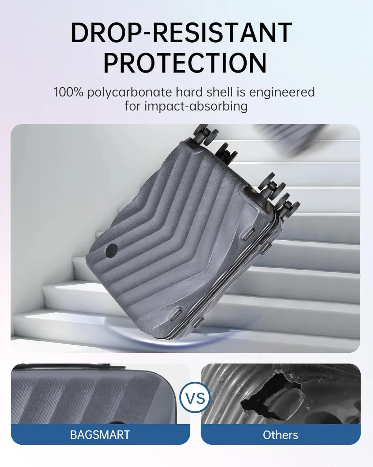 BAGSMART Carry On Luggage 22x14x9 Airline Approved,PC Hardside Suitcase,20 Inch Travel Luggage with Spinner Wheels, Lightweight Suitcases for Men Women, Grey
