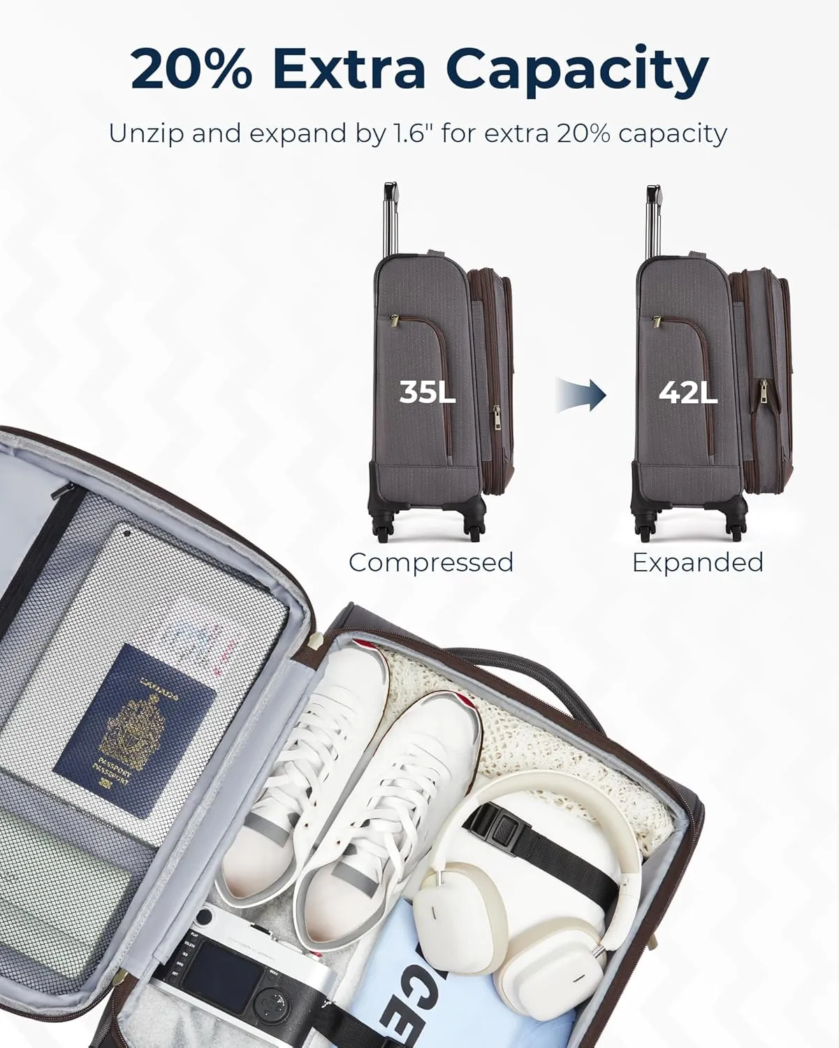 BAGSMART Carry-On Luggage Airline Approved, 20 inch Expandable Suitcase with Duffel bag, Softside Lightweight Suitcases with Spinner Wheels, Durable Travel Luggage, Carry-On Gray