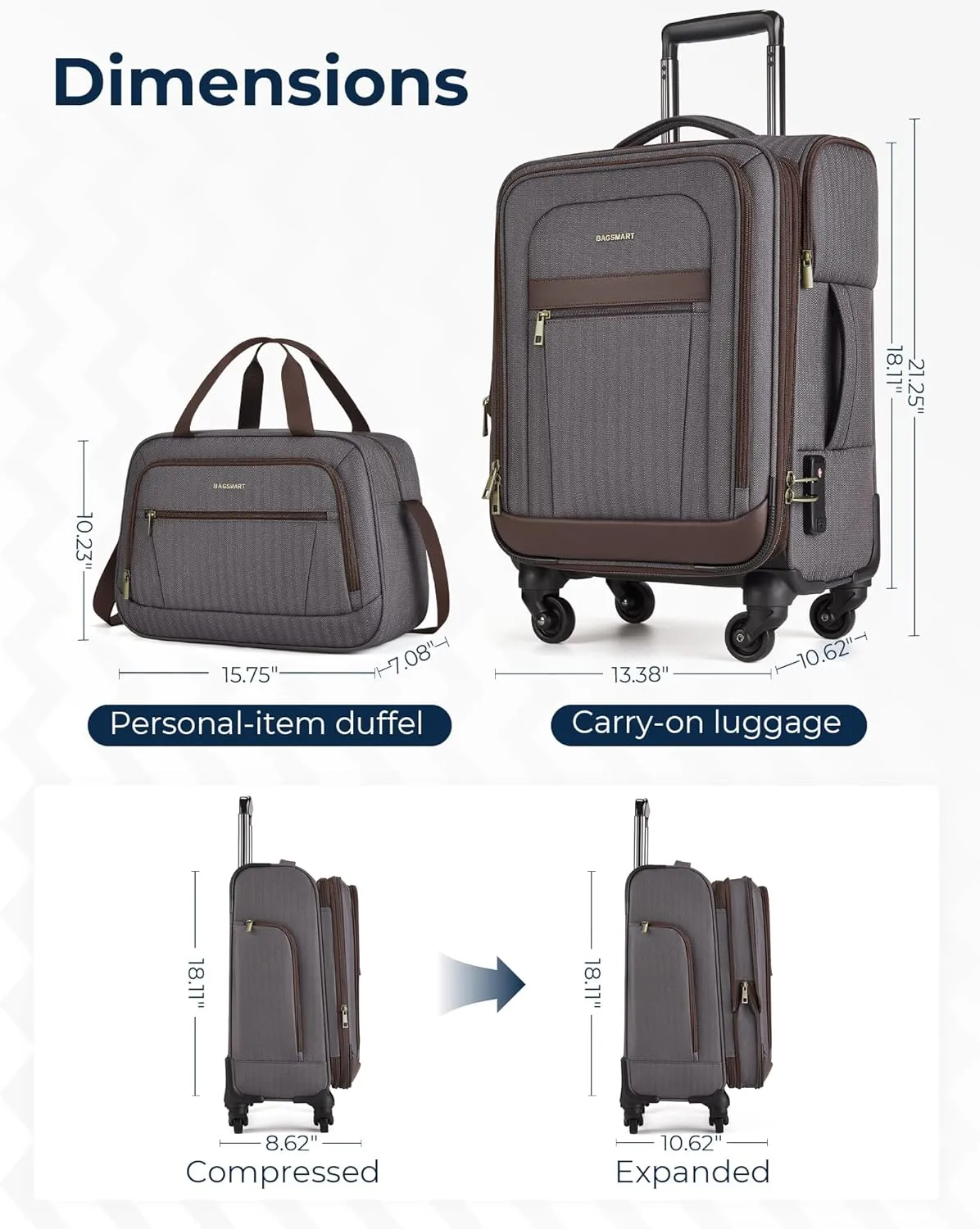 BAGSMART Carry-On Luggage Airline Approved, 20 inch Expandable Suitcase with Duffel bag, Softside Lightweight Suitcases with Spinner Wheels, Durable Travel Luggage, Carry-On Gray
