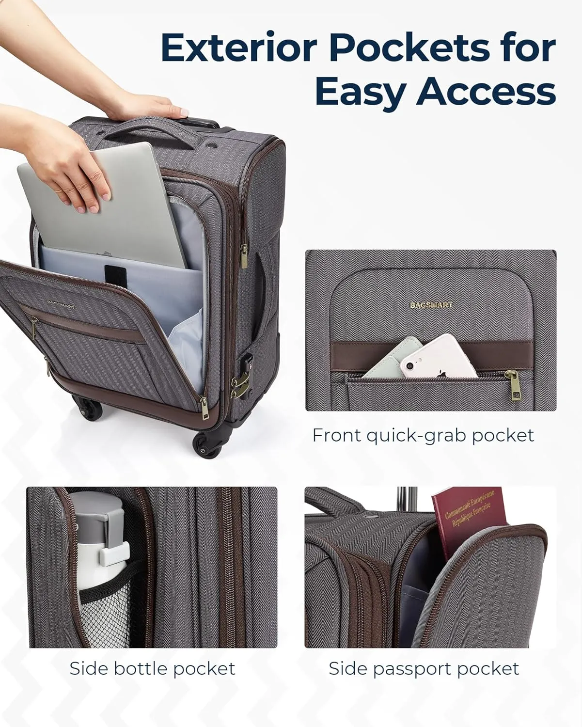 BAGSMART Carry-On Luggage Airline Approved, 20 inch Expandable Suitcase with Duffel bag, Softside Lightweight Suitcases with Spinner Wheels, Durable Travel Luggage, Carry-On Gray