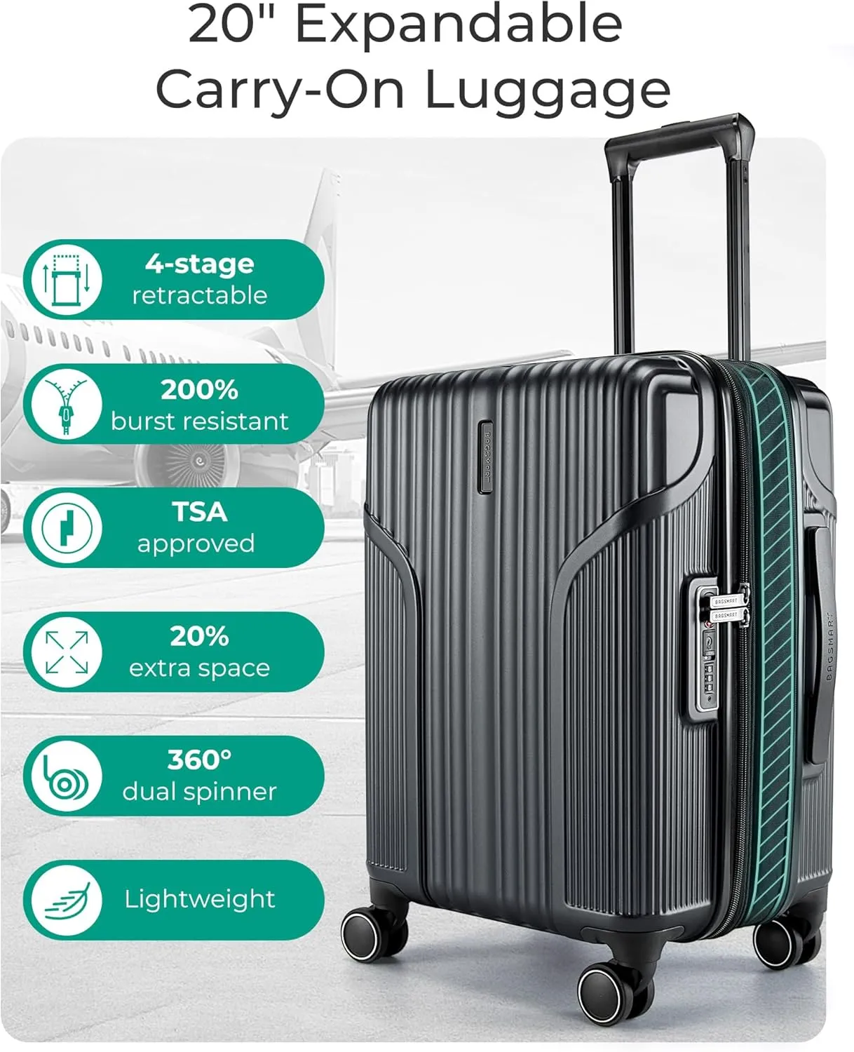 BAGSMART Expandable Carry On Luggage 22x14x9 Airline Approved, Carry-On Suitcase with Spinner Wheels, Hardside Polycarbonate Rolling Travel Luggage with TSA Lock 20-Inch, Black