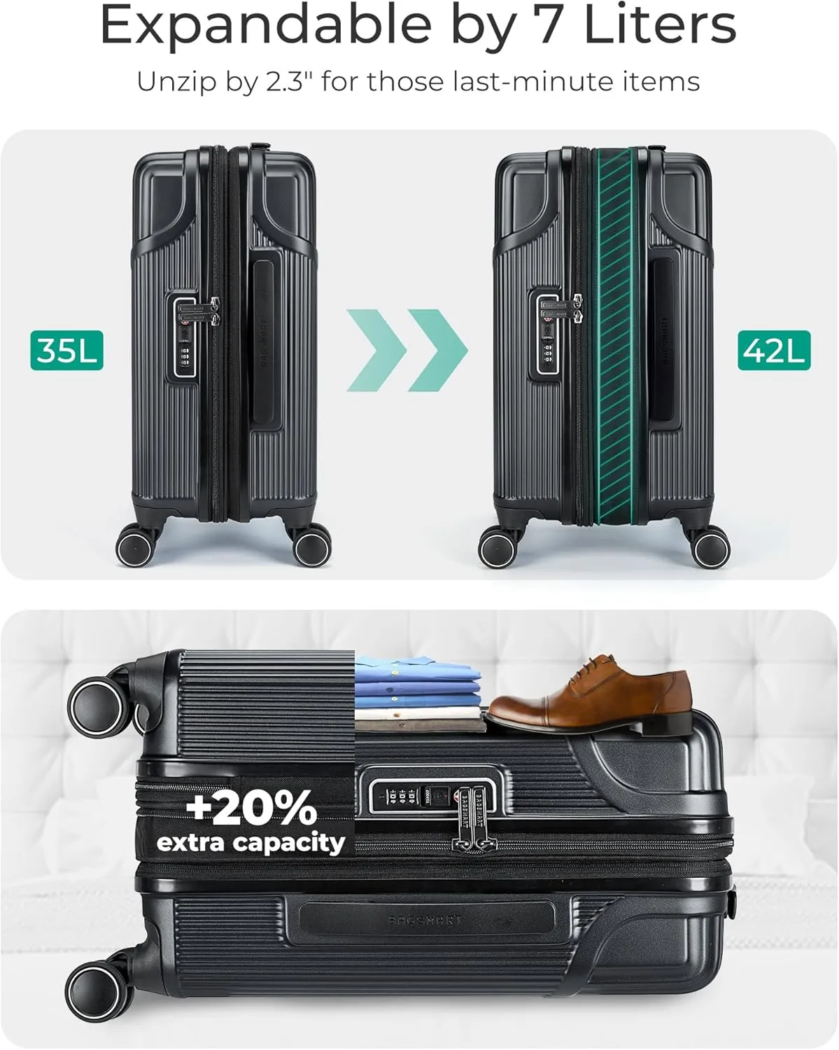 BAGSMART Expandable Carry On Luggage 22x14x9 Airline Approved, Carry-On Suitcase with Spinner Wheels, Hardside Polycarbonate Rolling Travel Luggage with TSA Lock 20-Inch, Black