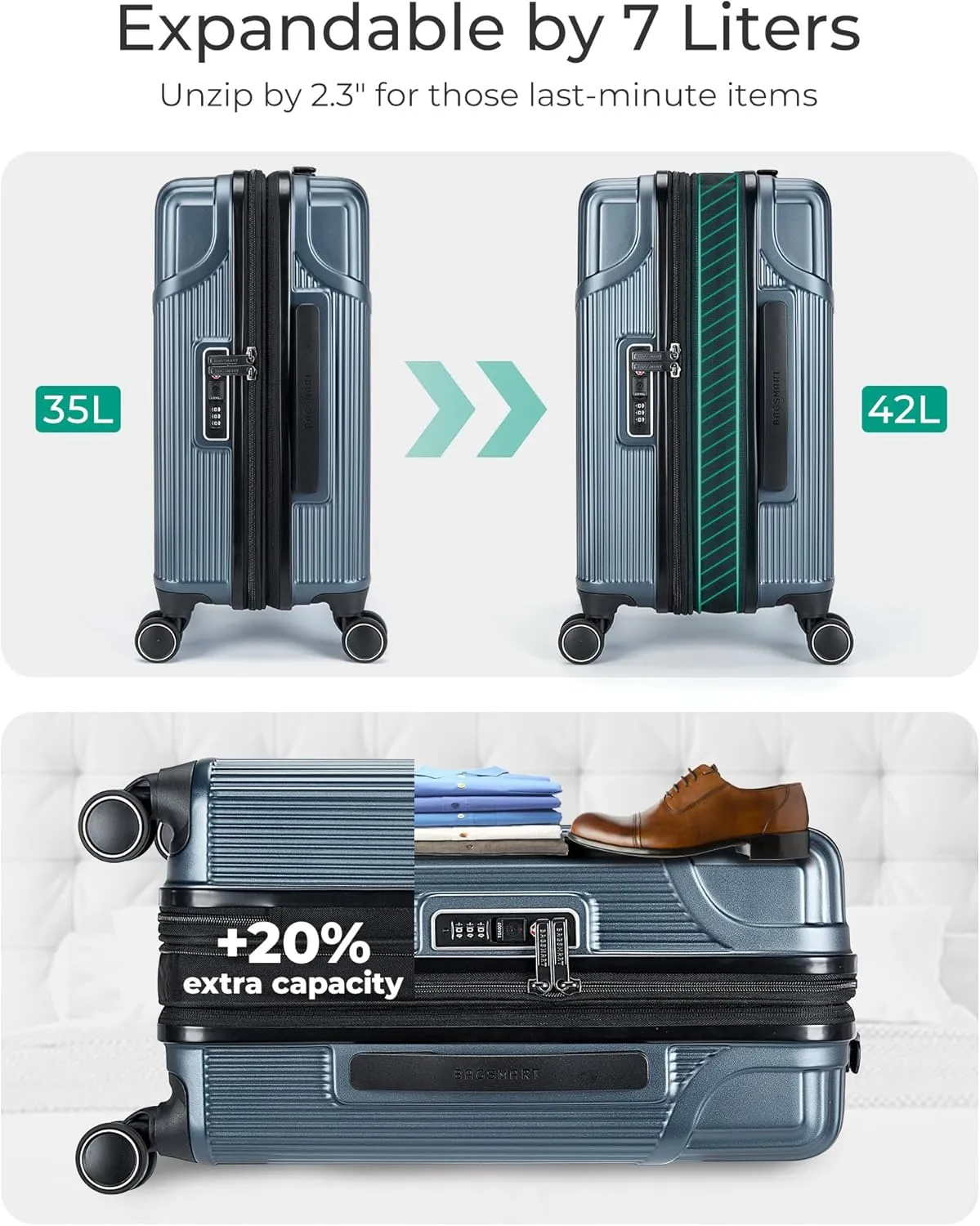 BAGSMART Expandable Carry On Luggage 22x14x9 Airline Approved, Carry-On Suitcase with Spinner Wheels, Hardside Polycarbonate Rolling Travel Luggage with TSA Lock 20-Inch, Blue