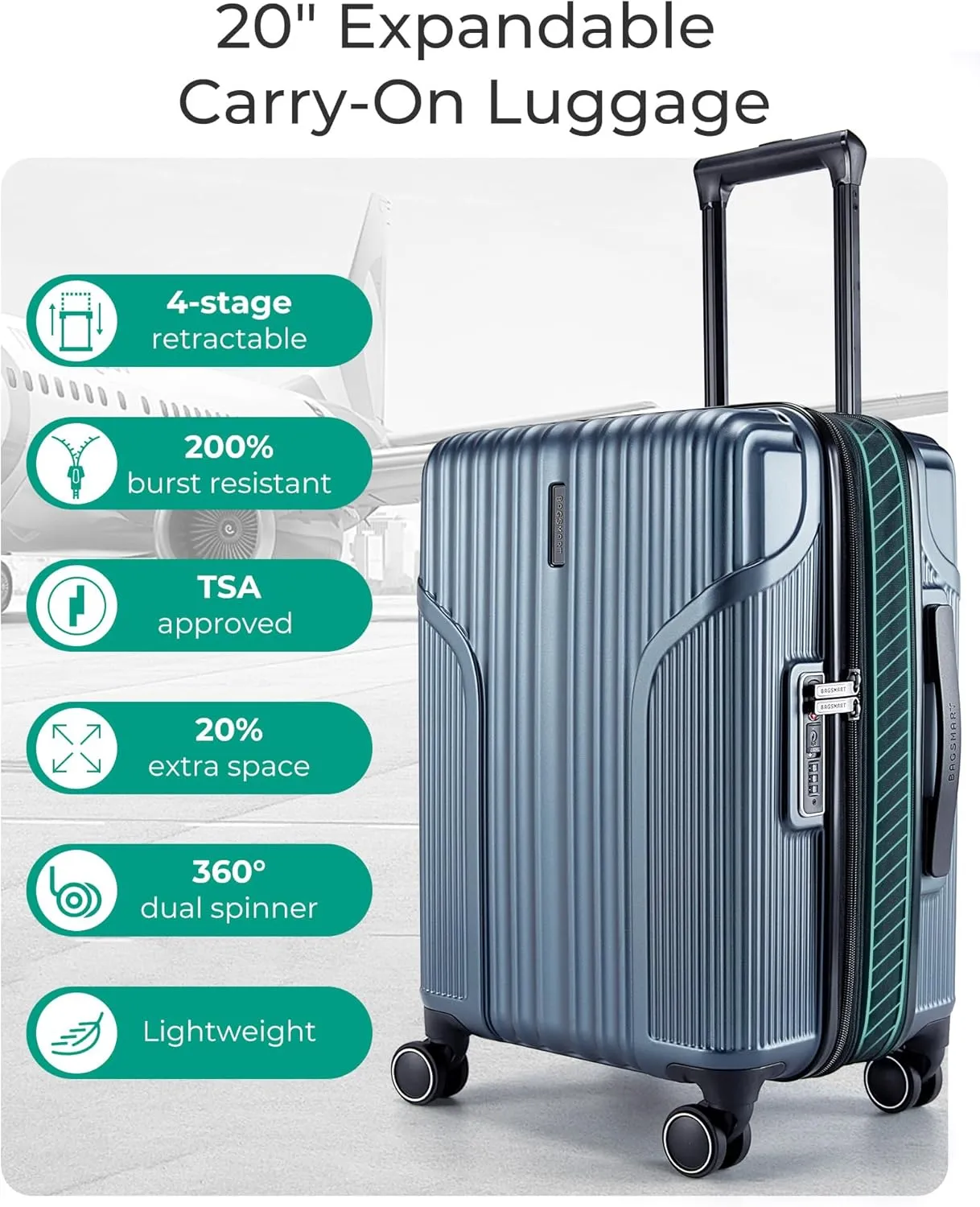 BAGSMART Expandable Carry On Luggage 22x14x9 Airline Approved, Carry-On Suitcase with Spinner Wheels, Hardside Polycarbonate Rolling Travel Luggage with TSA Lock 20-Inch, Blue