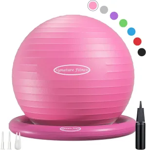 Balance Ball with Inflatable Ring Base Kits, 65cm 26-inch Anti-Burst and Slip Resistant Exercise Yoga Chair for Home or Office Desk, Includes Air Pump, Pink