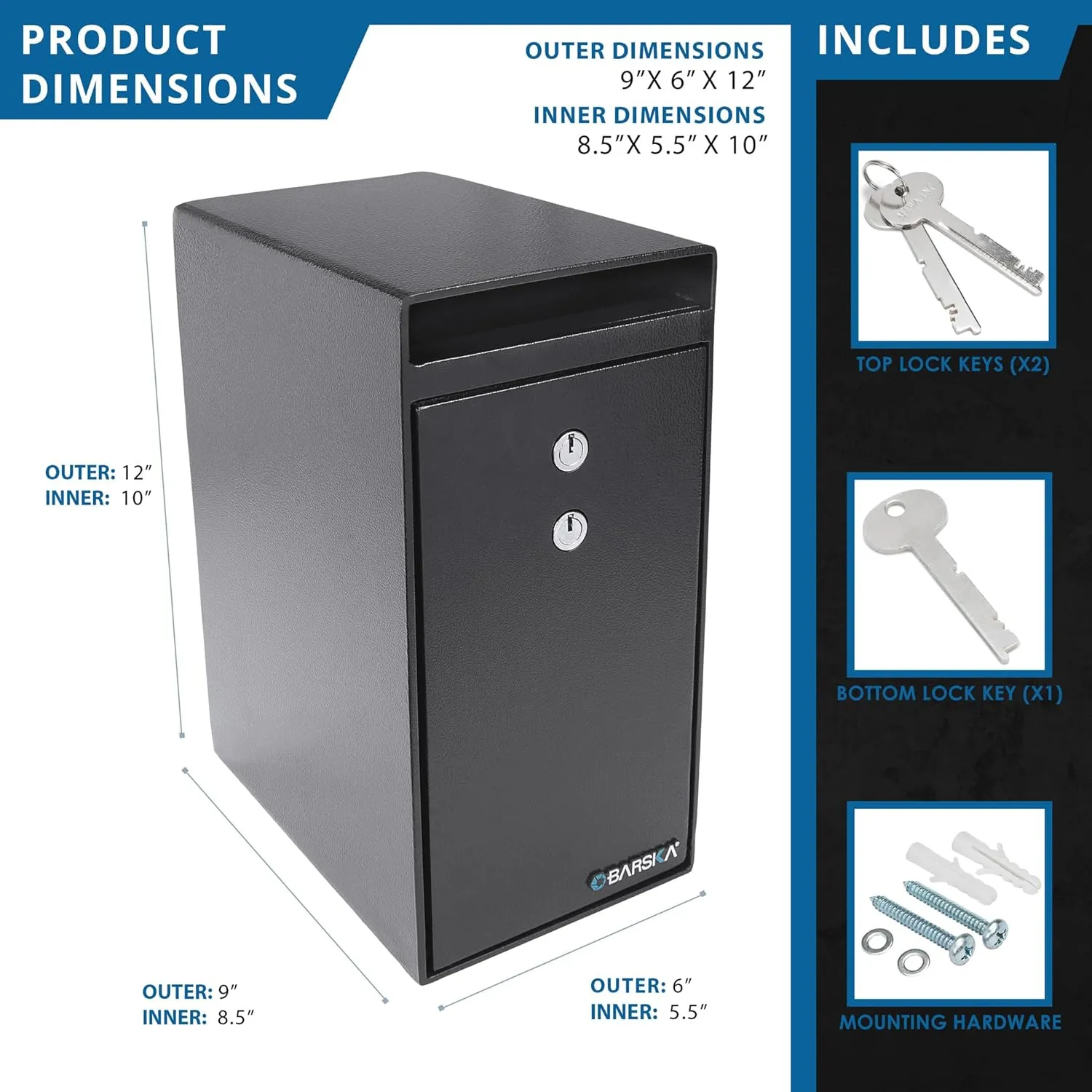 Barska Key Lock Depository Drop Safe – Steel Lock Box with Drop Slot, Anti-Fishing Baffle, for Cash, Receipts, Keys & Valuables – Ideal for Business & Office Use