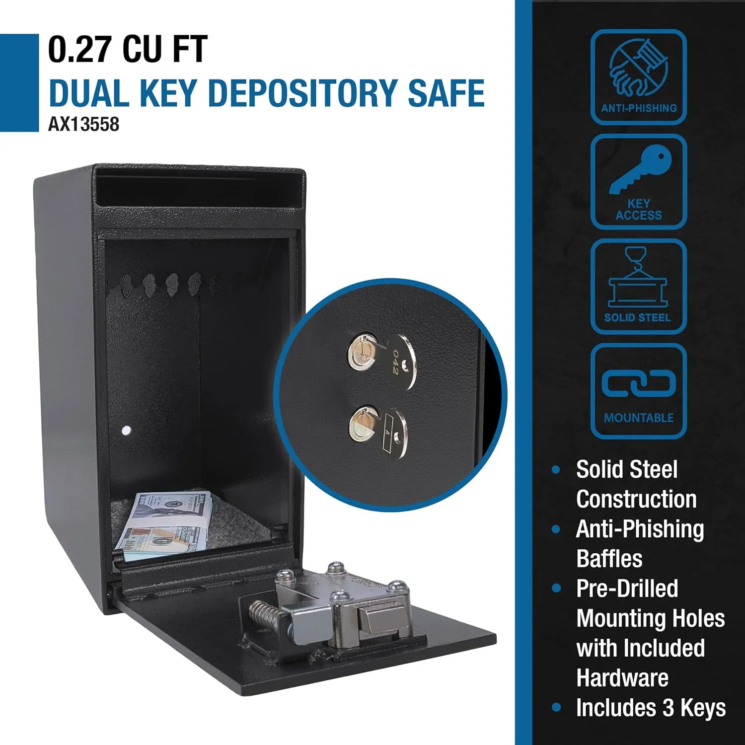 Barska Key Lock Depository Drop Safe – Steel Lock Box with Drop Slot, Anti-Fishing Baffle, for Cash, Receipts, Keys & Valuables – Ideal for Business & Office Use