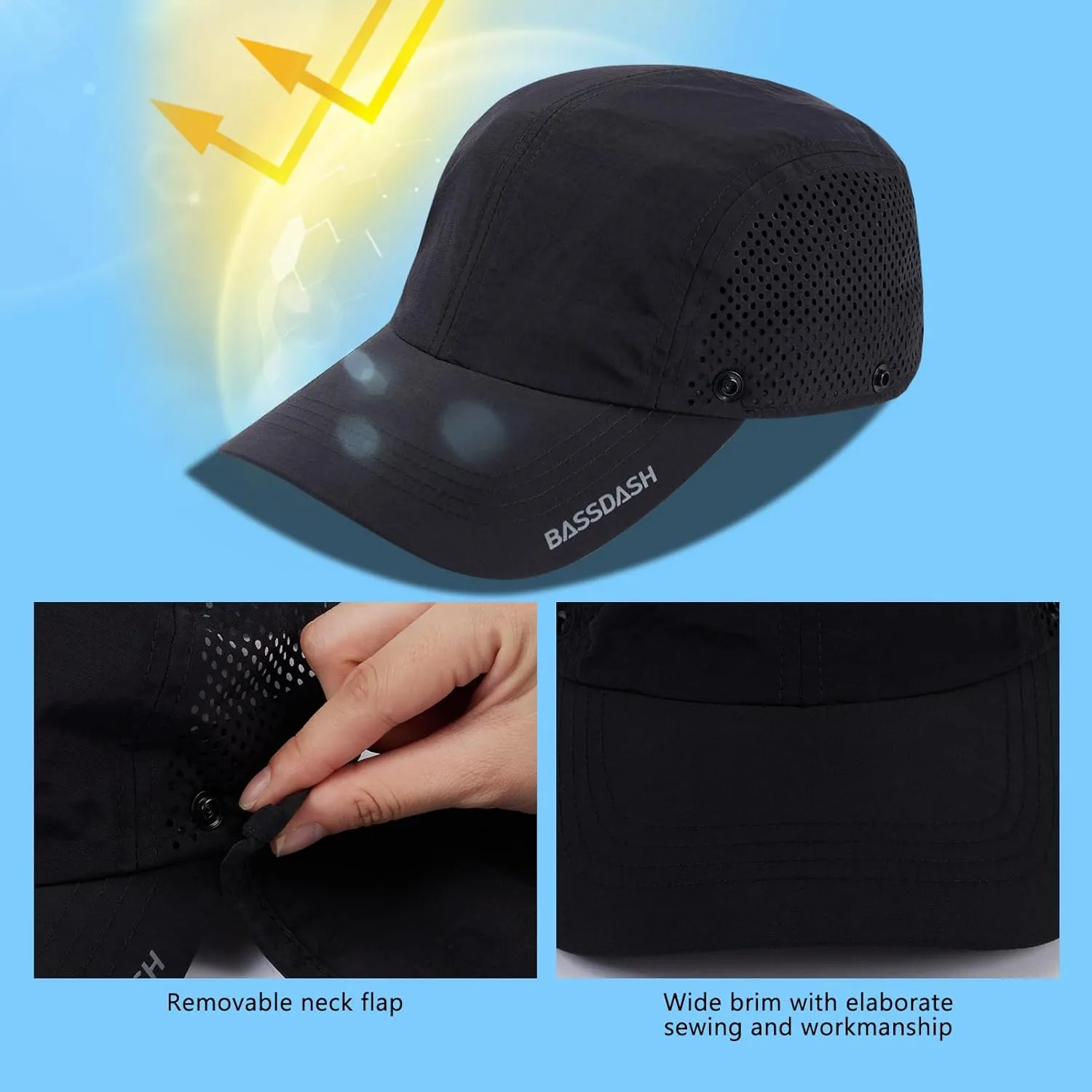 BASSDASH UPF 50  Foldable Fishing Hat Baseball Cap with Removable Neck Flap Portable for Men Women Golf Hiking