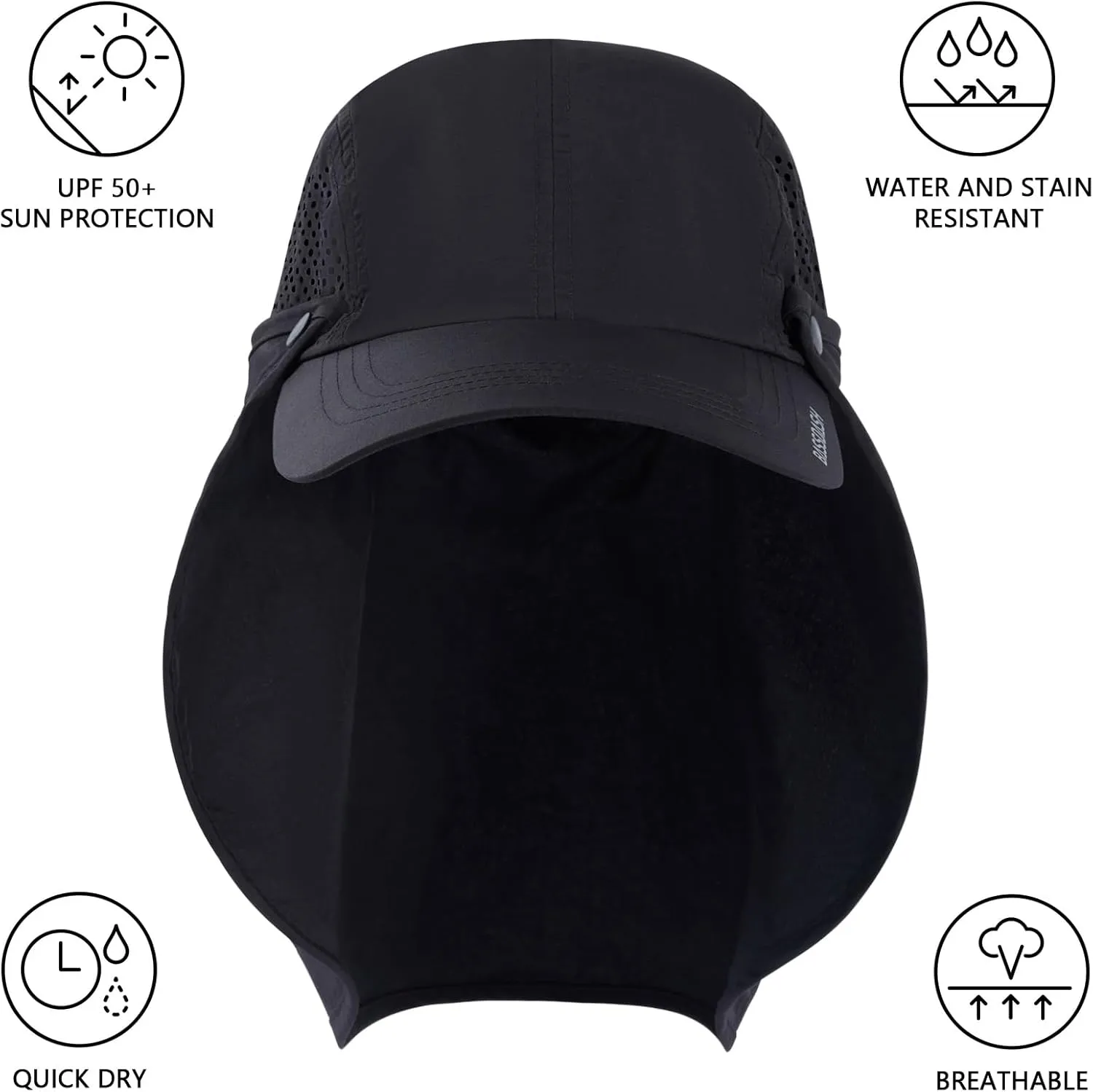 BASSDASH UPF 50  Foldable Fishing Hat Baseball Cap with Removable Neck Flap Portable for Men Women Golf Hiking