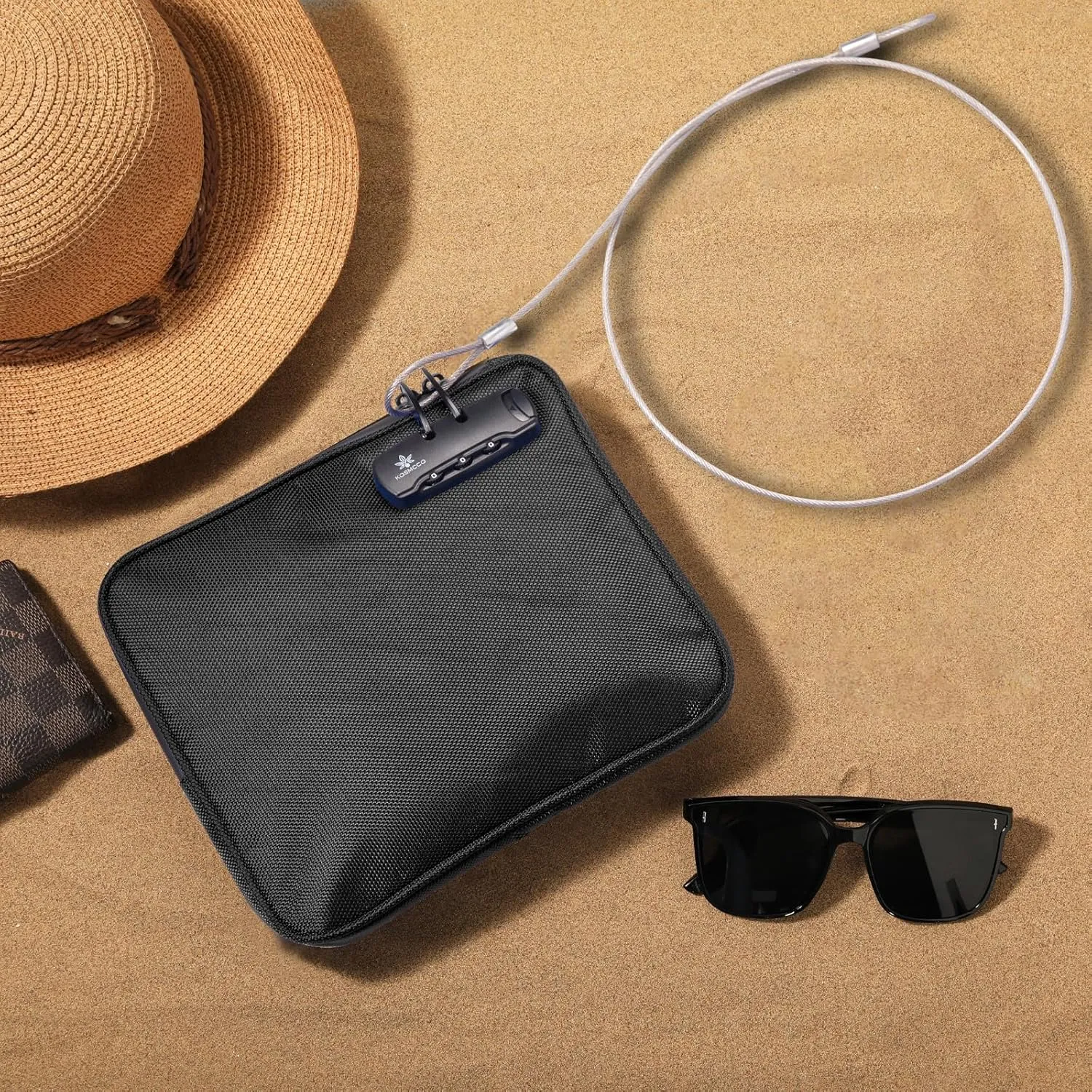 Beach Locking Bag, 9x7.5 Inch Portable Safe for Phone, Wallet, Keys | Anti-Theft Locking Travel Pouch for Pool, Vacation (Black)