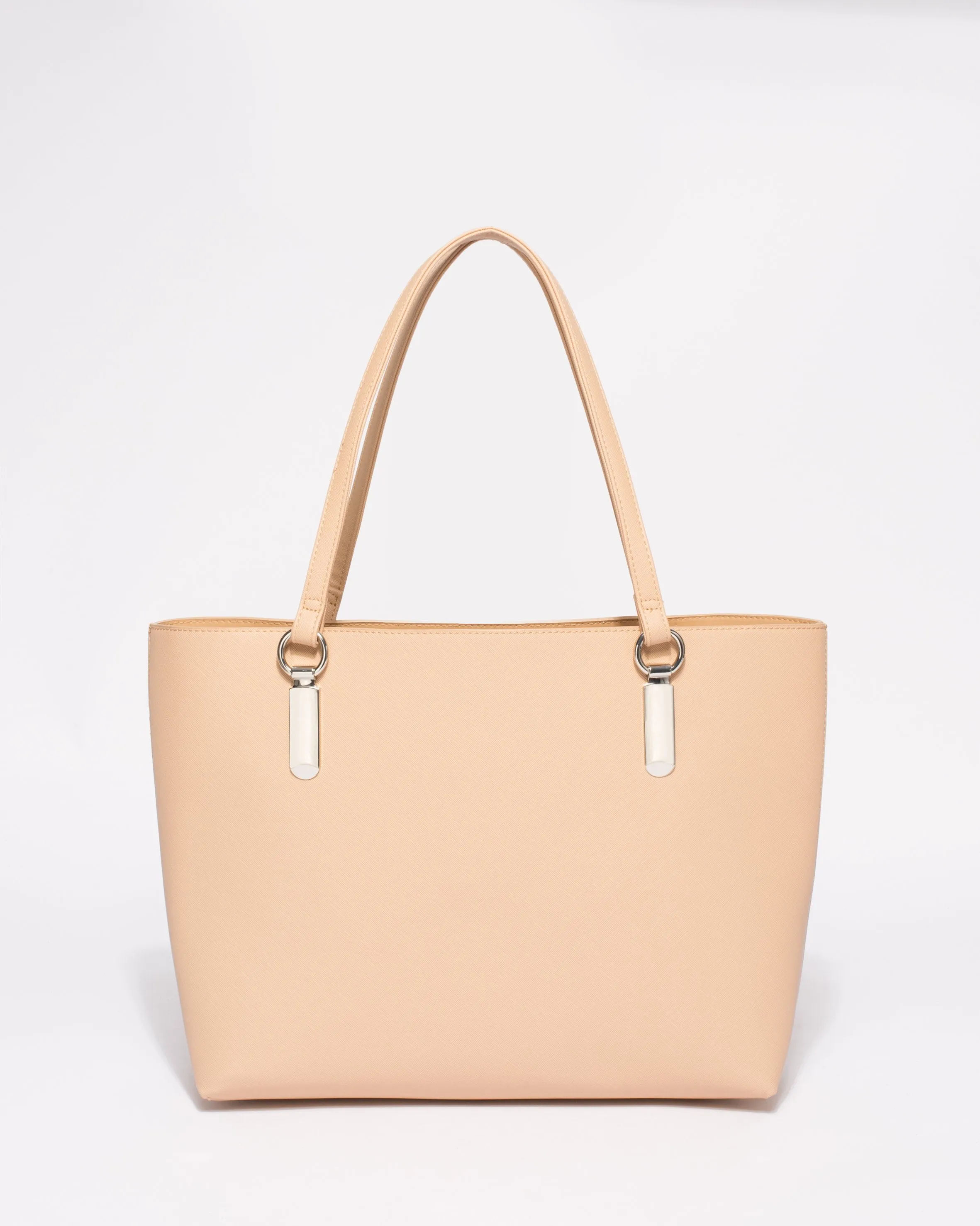 Beige Saffiano Angelina Tote Bag With Silver Hardware