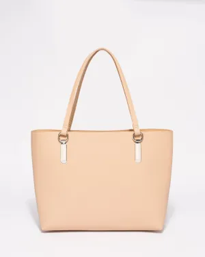 Beige Saffiano Angelina Tote Bag With Silver Hardware