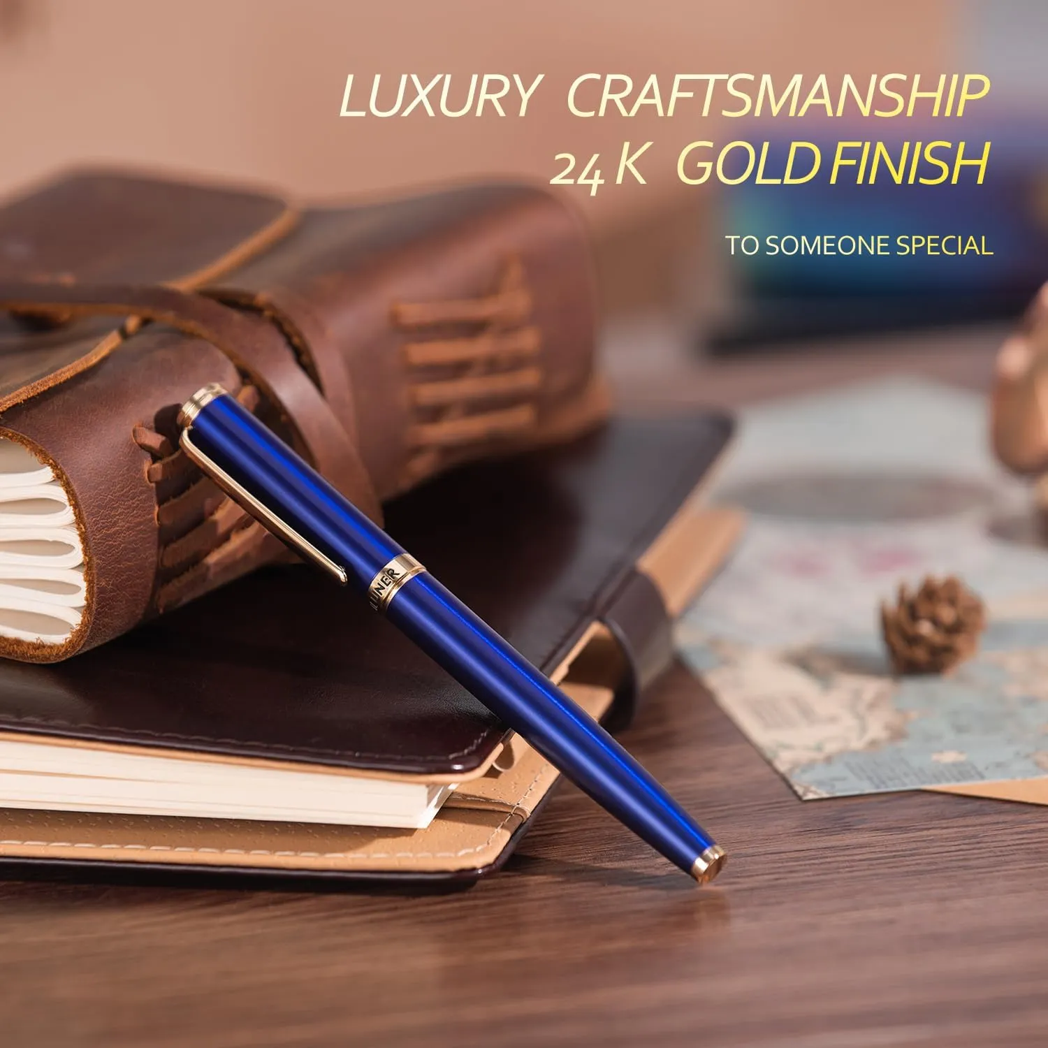 BEILUNER Blue Fountain Pen,Stunning Luxury Pen,24K Gilded Nib(Fine),Gorgeous 24K Gold Finish,German Schneider Ink Converter,Trustworthy Pen Gift for Men&Women-Elegant, Reliable,Nice Pen for Writing