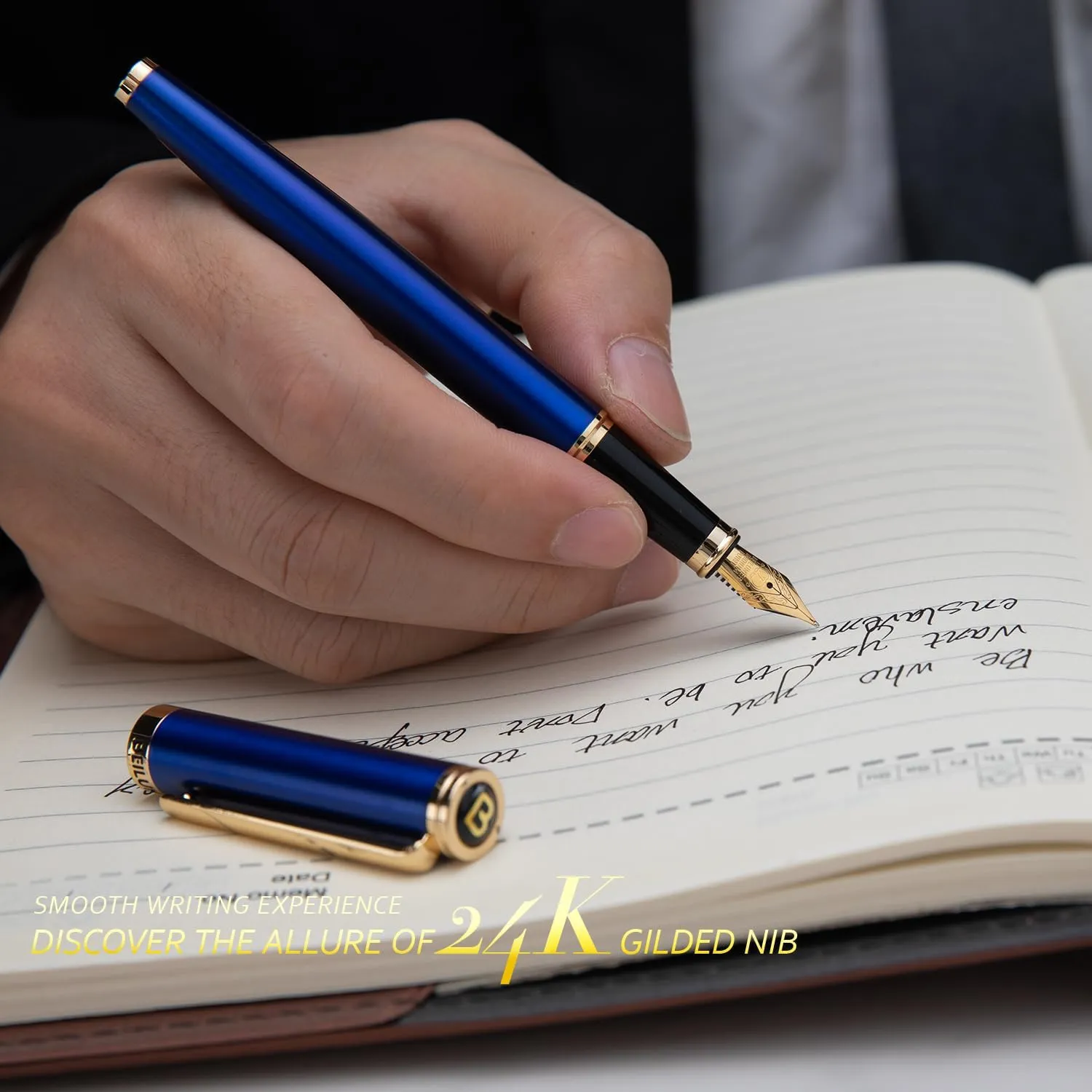 BEILUNER Blue Fountain Pen,Stunning Luxury Pen,24K Gilded Nib(Fine),Gorgeous 24K Gold Finish,German Schneider Ink Converter,Trustworthy Pen Gift for Men&Women-Elegant, Reliable,Nice Pen for Writing