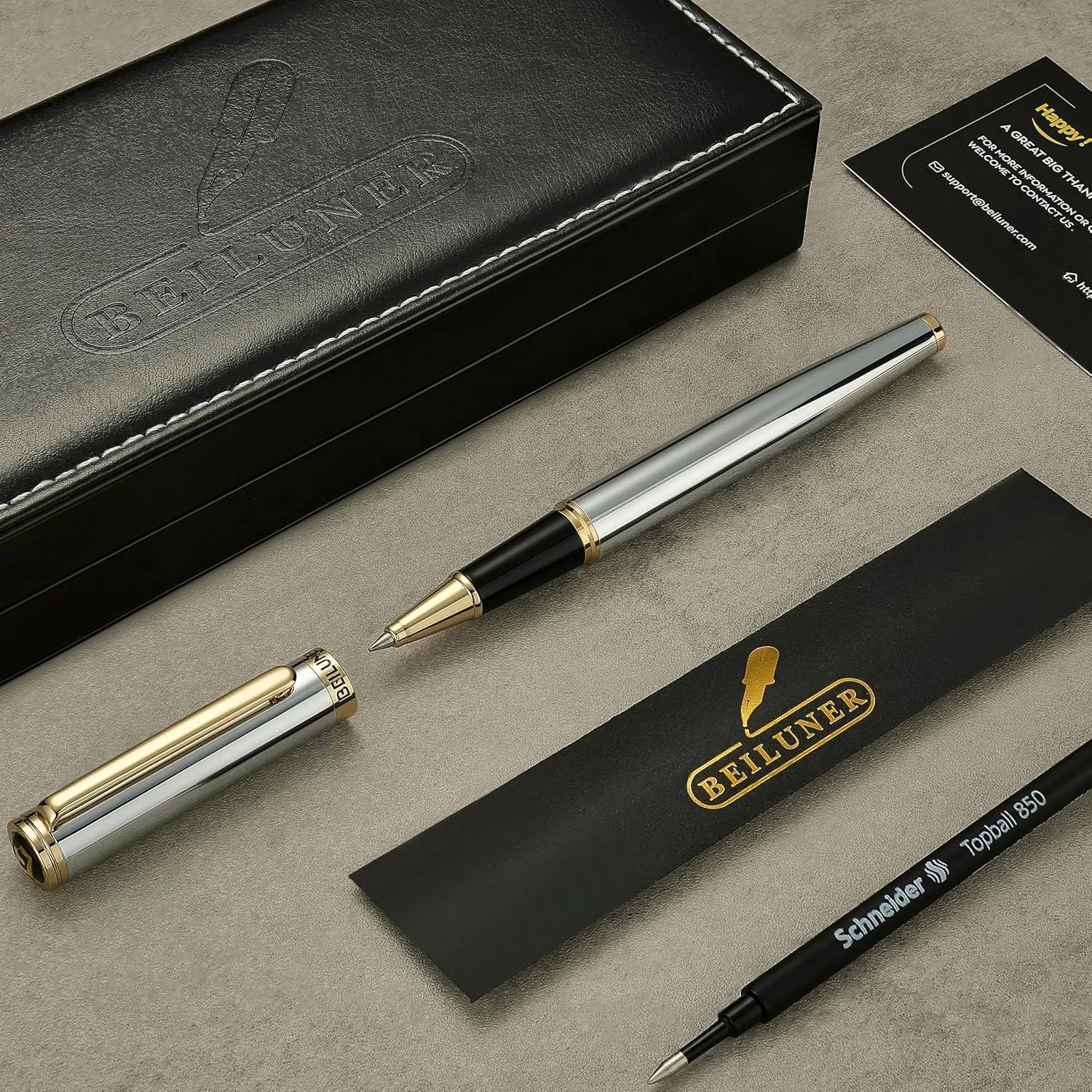 BEILUNER Luxury Rollerball Pen, Stunning Silver Chrome with 24K Gold Finish,Noble and Elegant Designs,Schneider Ink Refill, Best Gift Pen for Men & Women, Professional, Executive Office, Fancy Pens
