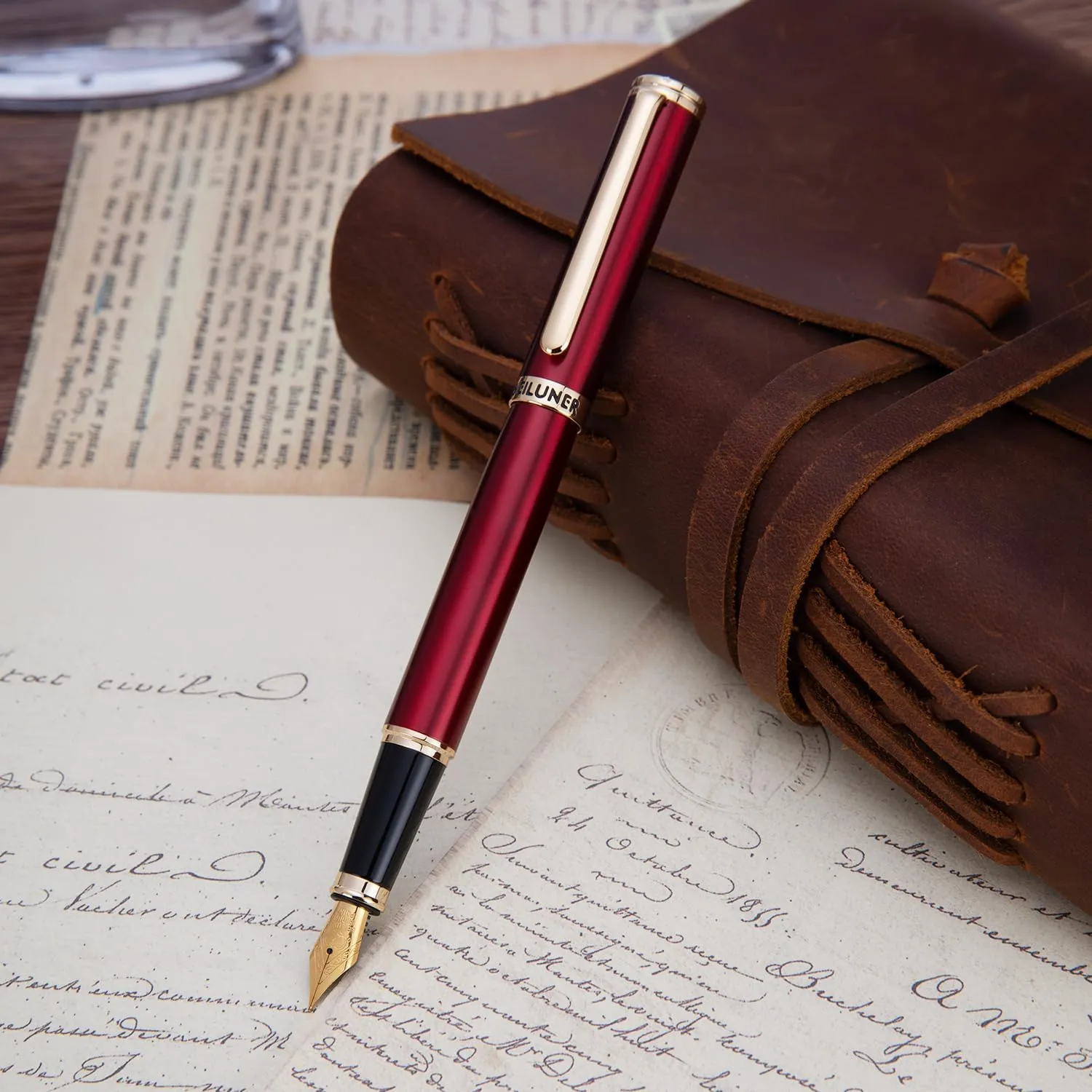 BEILUNER Red Fountain Pen,Stunning Luxury Lacquer,24K Gilded Nib(Fine),Gorgeous 24K Gold Finish,German Schneider Ink Converter, Fancy Gift for Men&Women-Elegant, Executive,Nice Pens for Writing