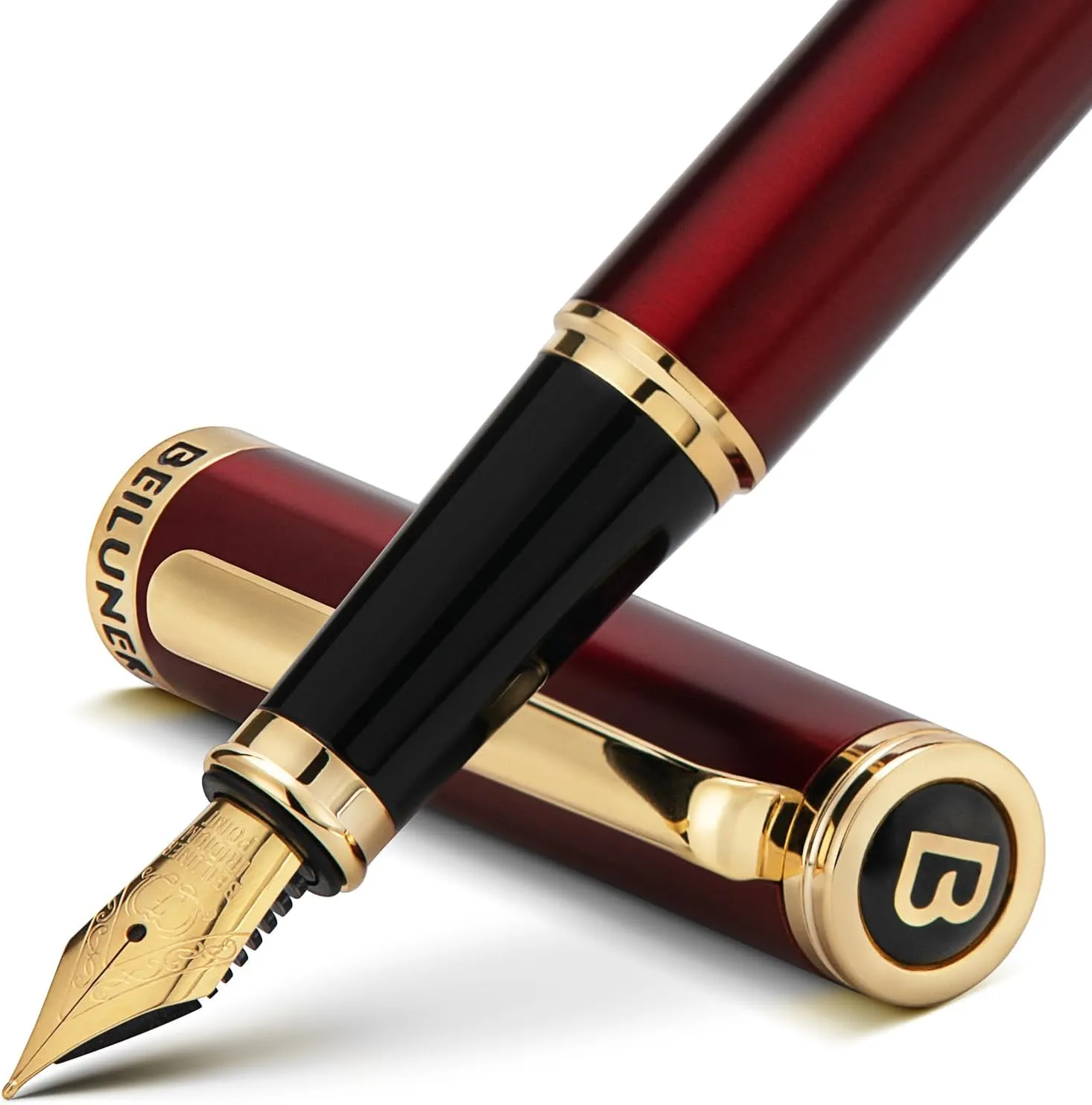 BEILUNER Red Fountain Pen,Stunning Luxury Lacquer,24K Gilded Nib(Fine),Gorgeous 24K Gold Finish,German Schneider Ink Converter, Fancy Gift for Men&Women-Elegant, Executive,Nice Pens for Writing