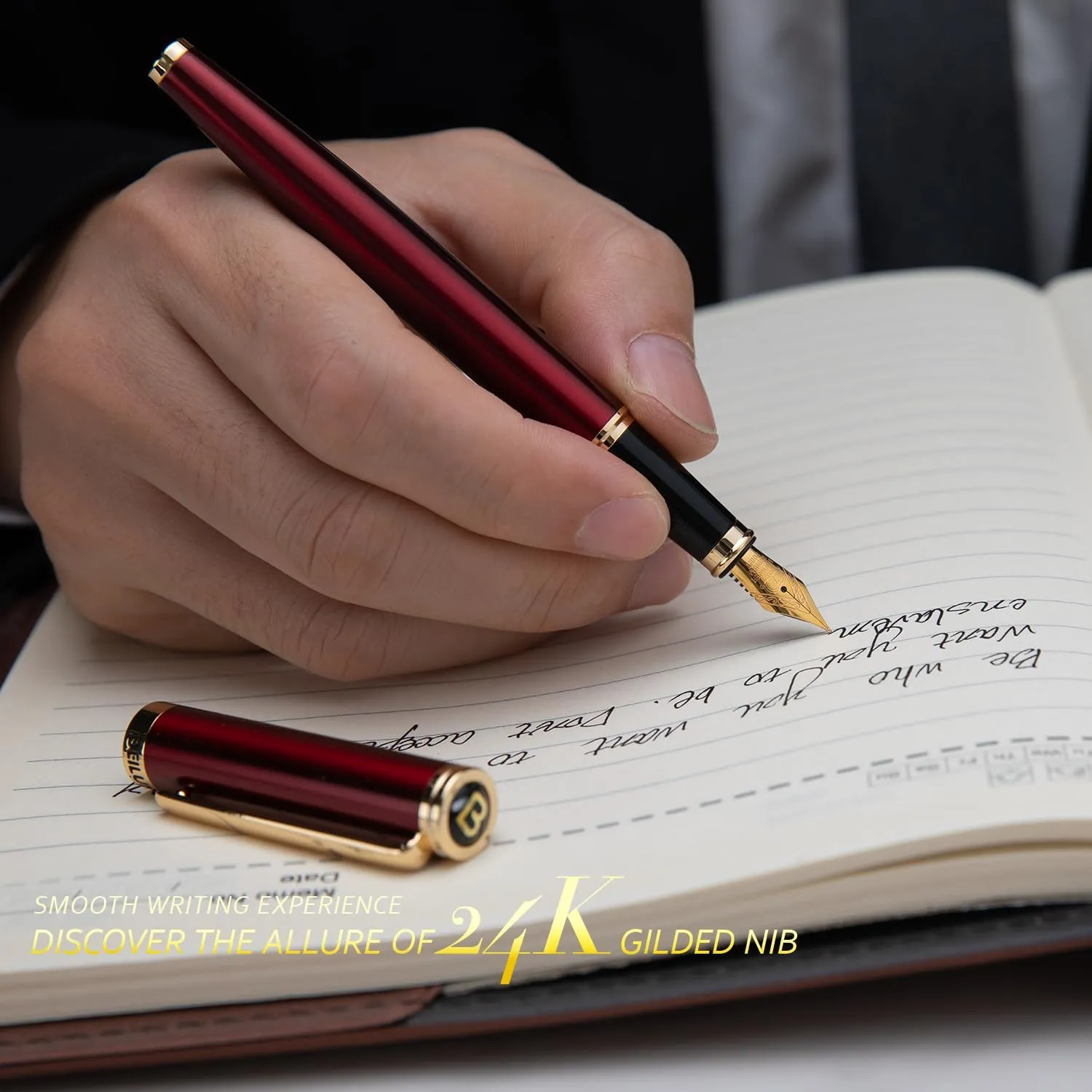 BEILUNER Red Fountain Pen,Stunning Luxury Lacquer,24K Gilded Nib(Fine),Gorgeous 24K Gold Finish,German Schneider Ink Converter, Fancy Gift for Men&Women-Elegant, Executive,Nice Pens for Writing