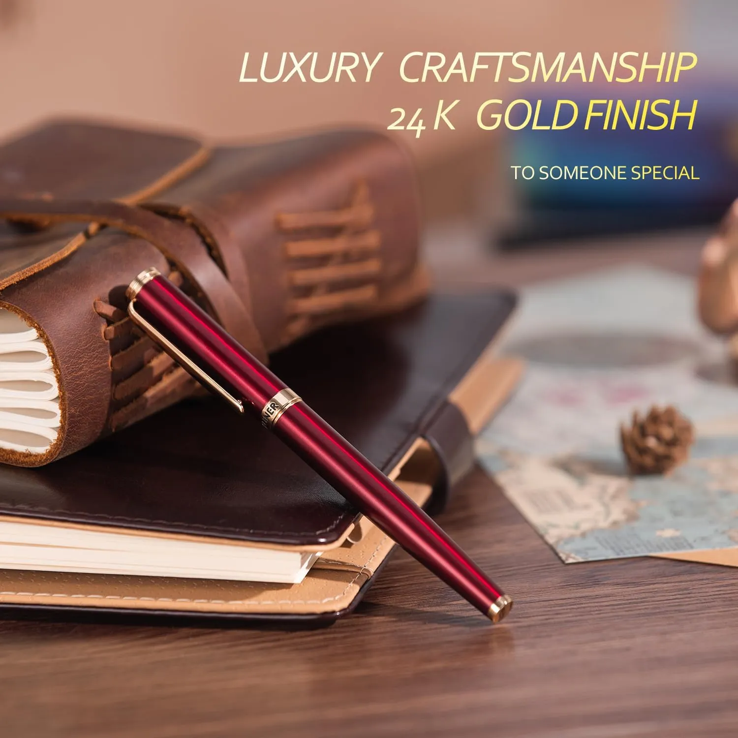 BEILUNER Red Fountain Pen,Stunning Luxury Lacquer,24K Gilded Nib(Fine),Gorgeous 24K Gold Finish,German Schneider Ink Converter, Fancy Gift for Men&Women-Elegant, Executive,Nice Pens for Writing