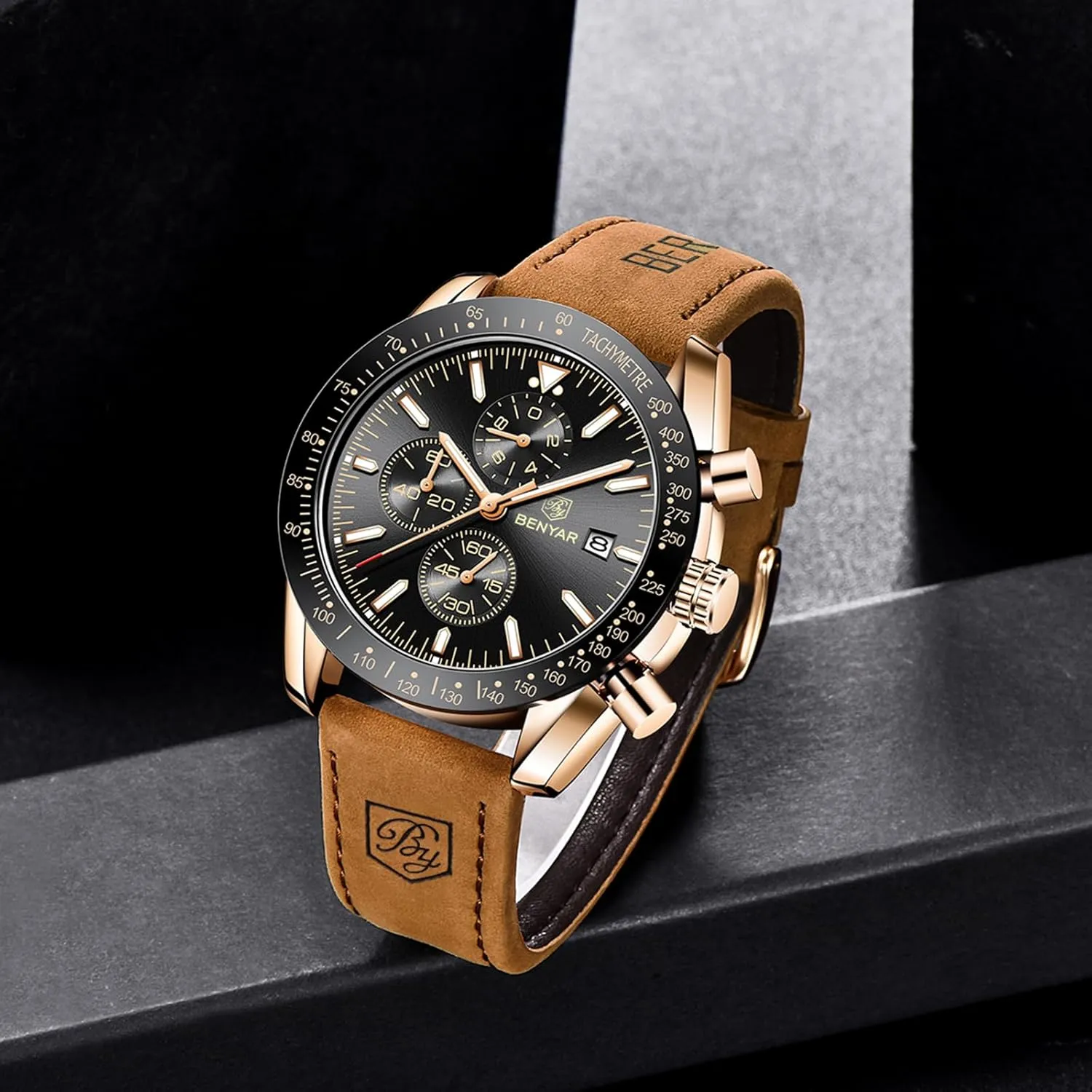 BENYAR Men's Watch Quartz Movement Chronograph 30M Waterproof Luminous Casual Sports Business Men's Leather Watch
