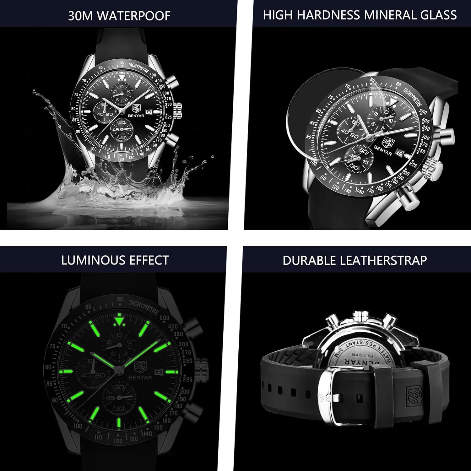 BENYAR Men's Watch Quartz Movement Chronograph 30M Waterproof Luminous Casual Sports Business Men's Leather Watch