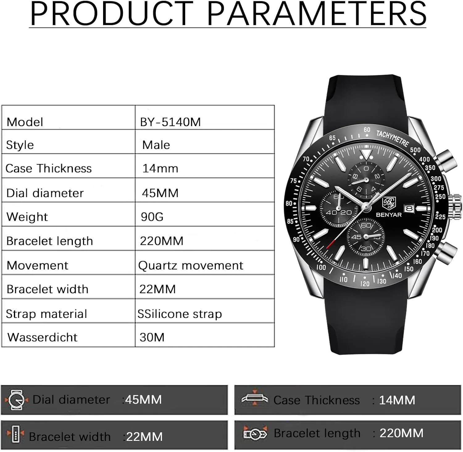 BENYAR Men's Watch Quartz Movement Chronograph 30M Waterproof Luminous Casual Sports Business Men's Leather Watch