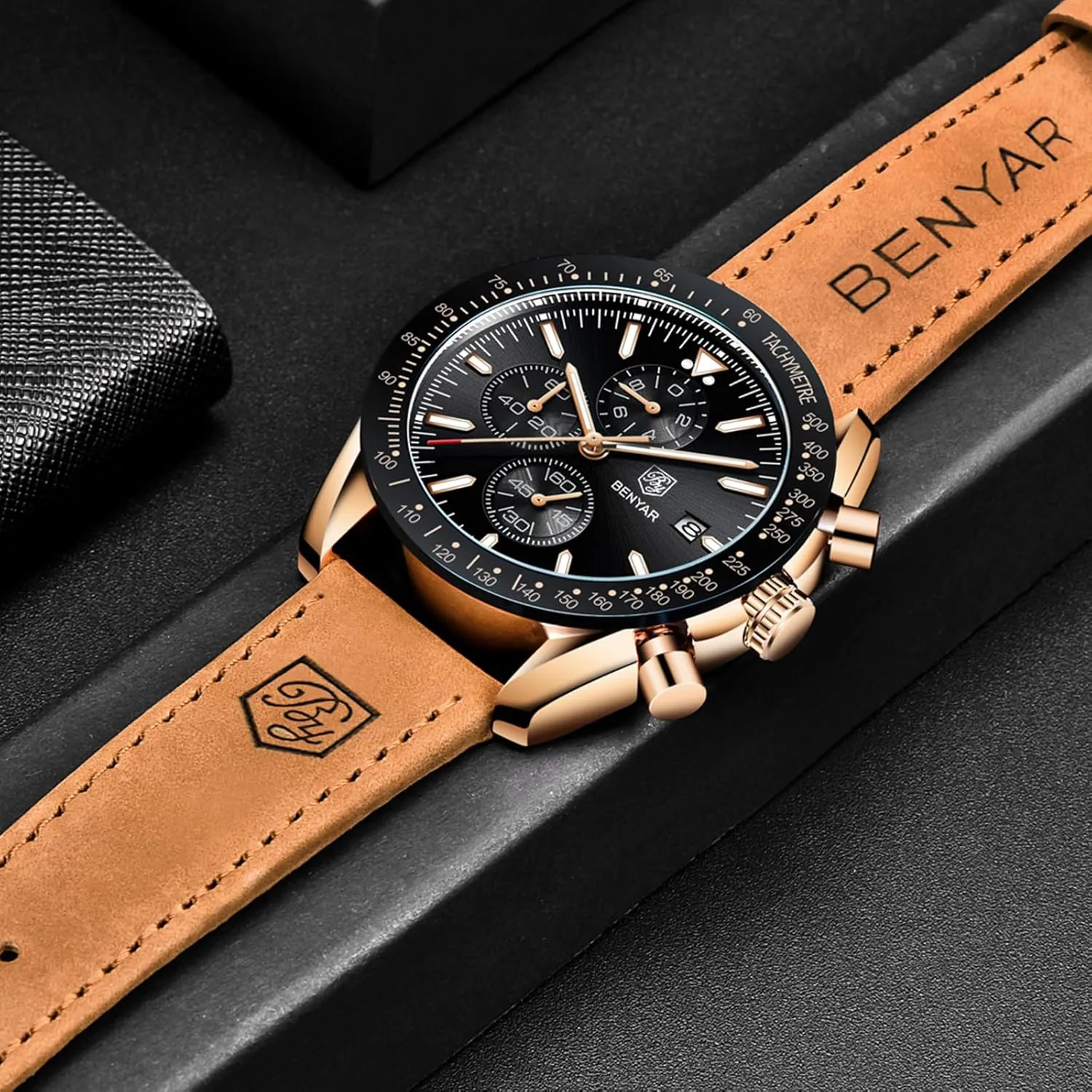 BENYAR Men's Watch Quartz Movement Chronograph 30M Waterproof Luminous Casual Sports Business Men's Leather Watch