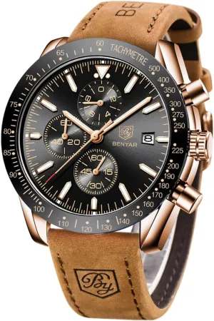 BENYAR Men's Watch Quartz Movement Chronograph 30M Waterproof Luminous Casual Sports Business Men's Leather Watch